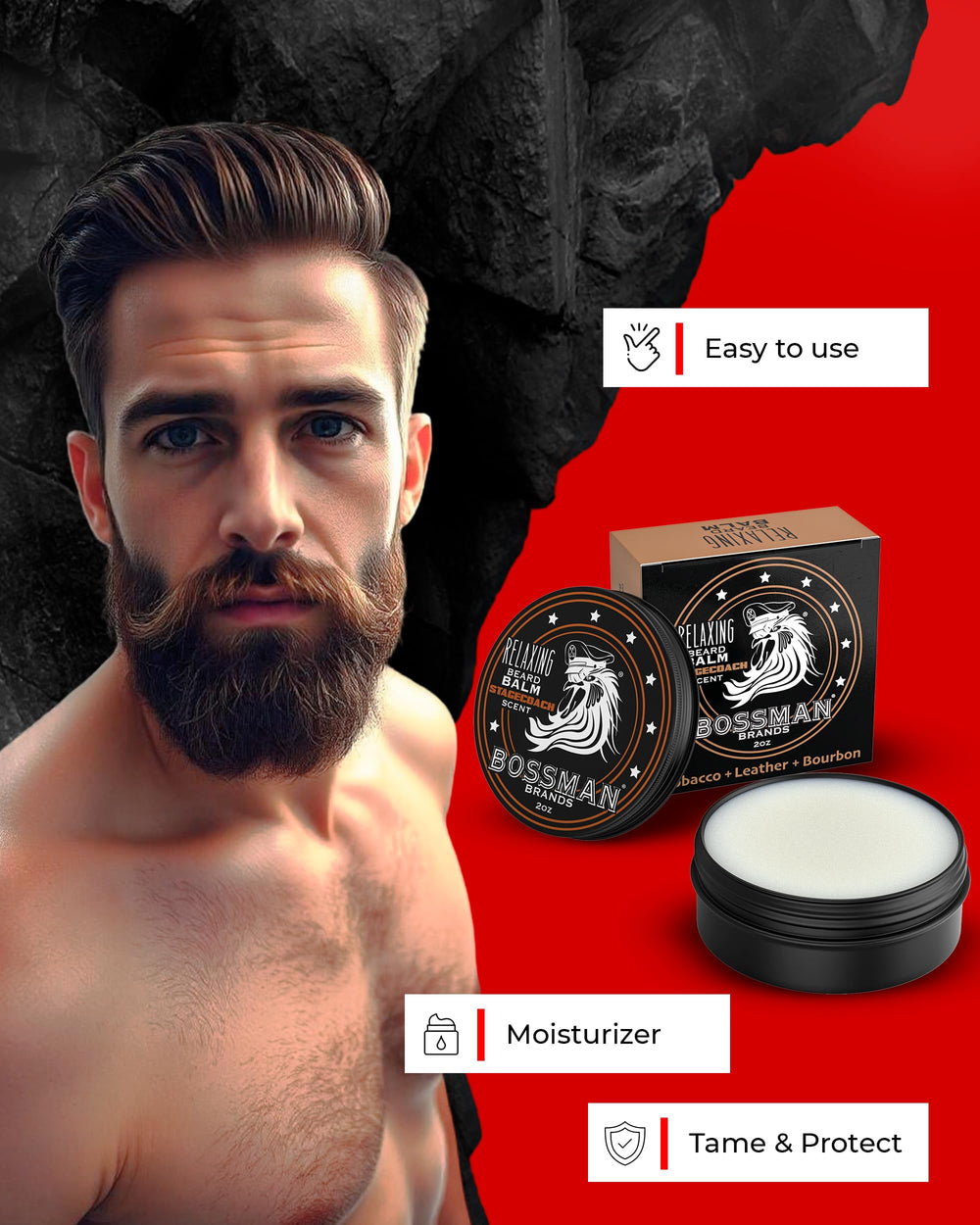 Bossman beard balm applying on beard shows smoothing glide and tamed flyaways.