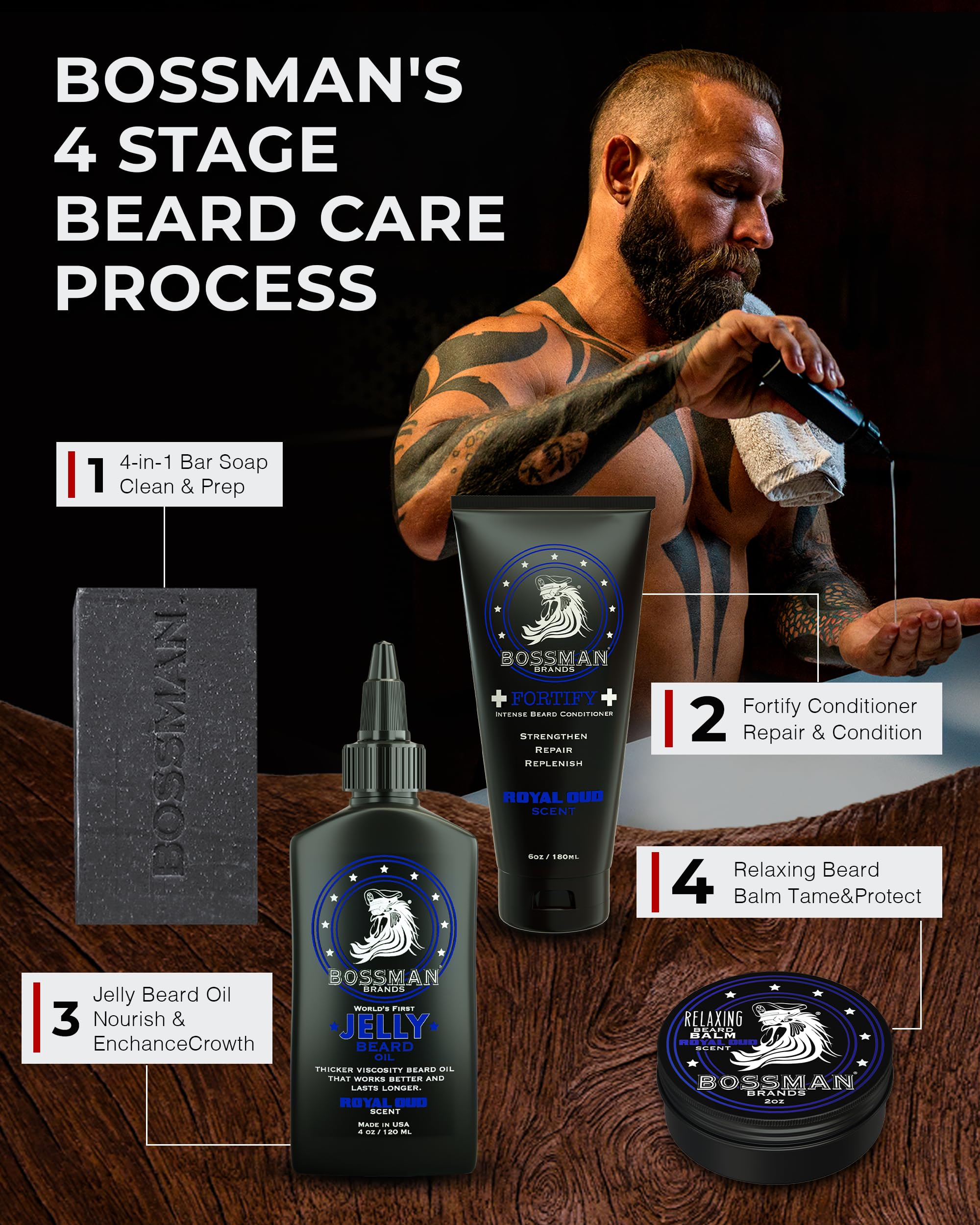 Bossman beard grooming kit combo hints at pairing with balm and conditioner.