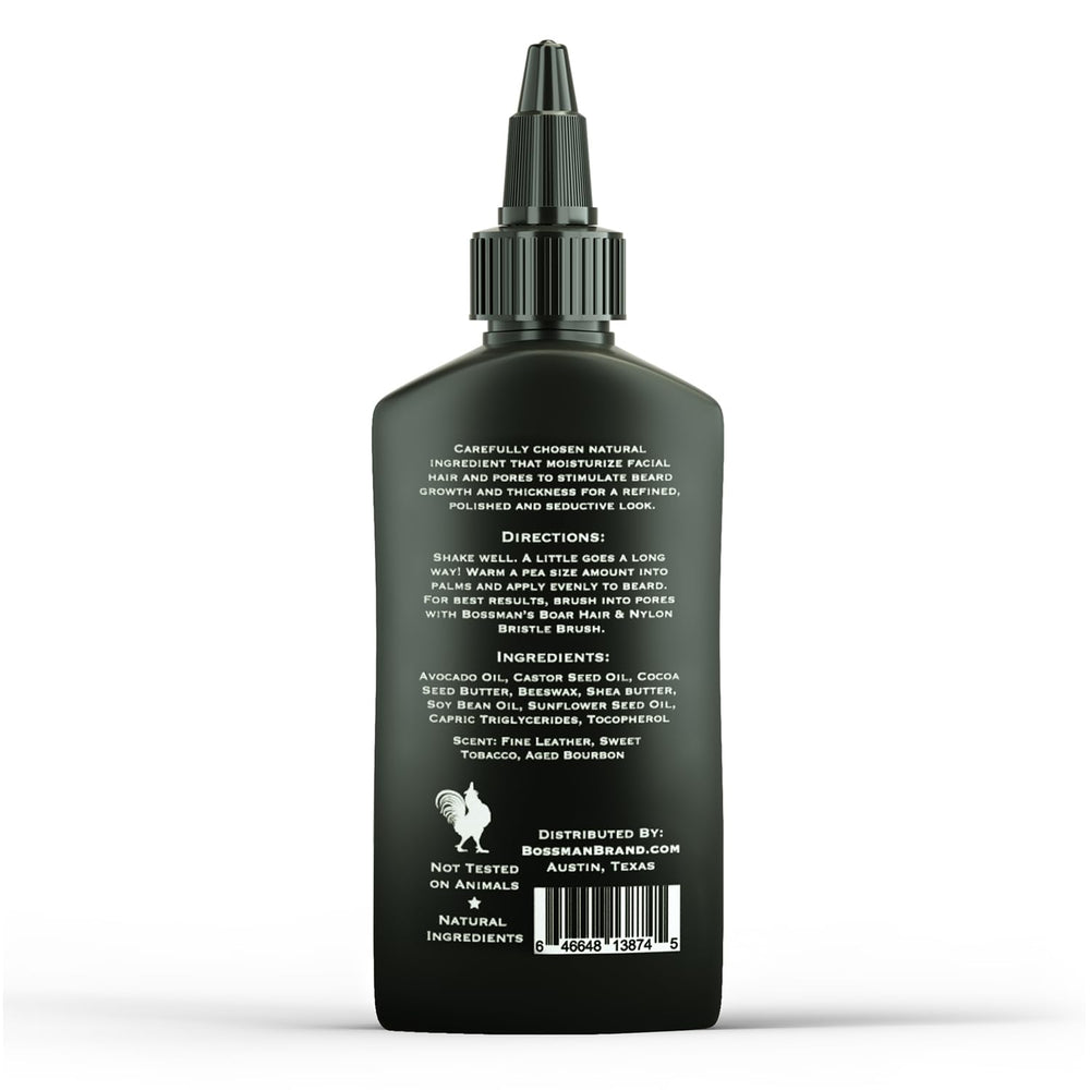Bossman beard oil application close-up reveals smooth, tamed beard look.
