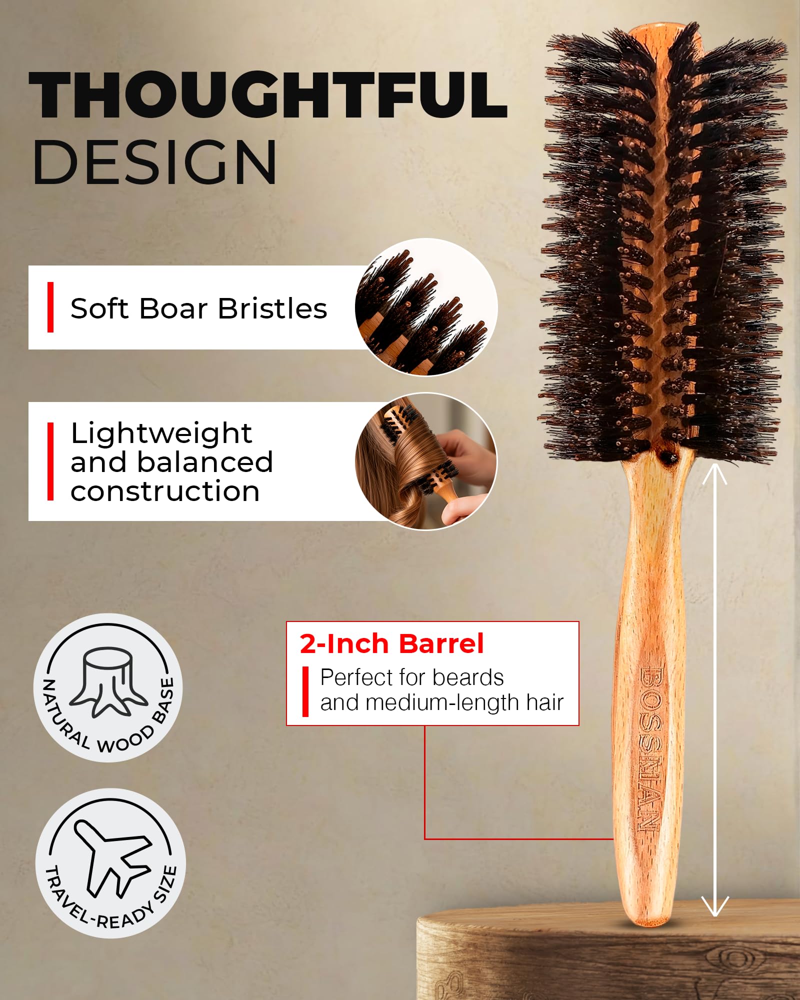 Bossman boar bristle distributes product evenly, reducing frizz and nourishing strands