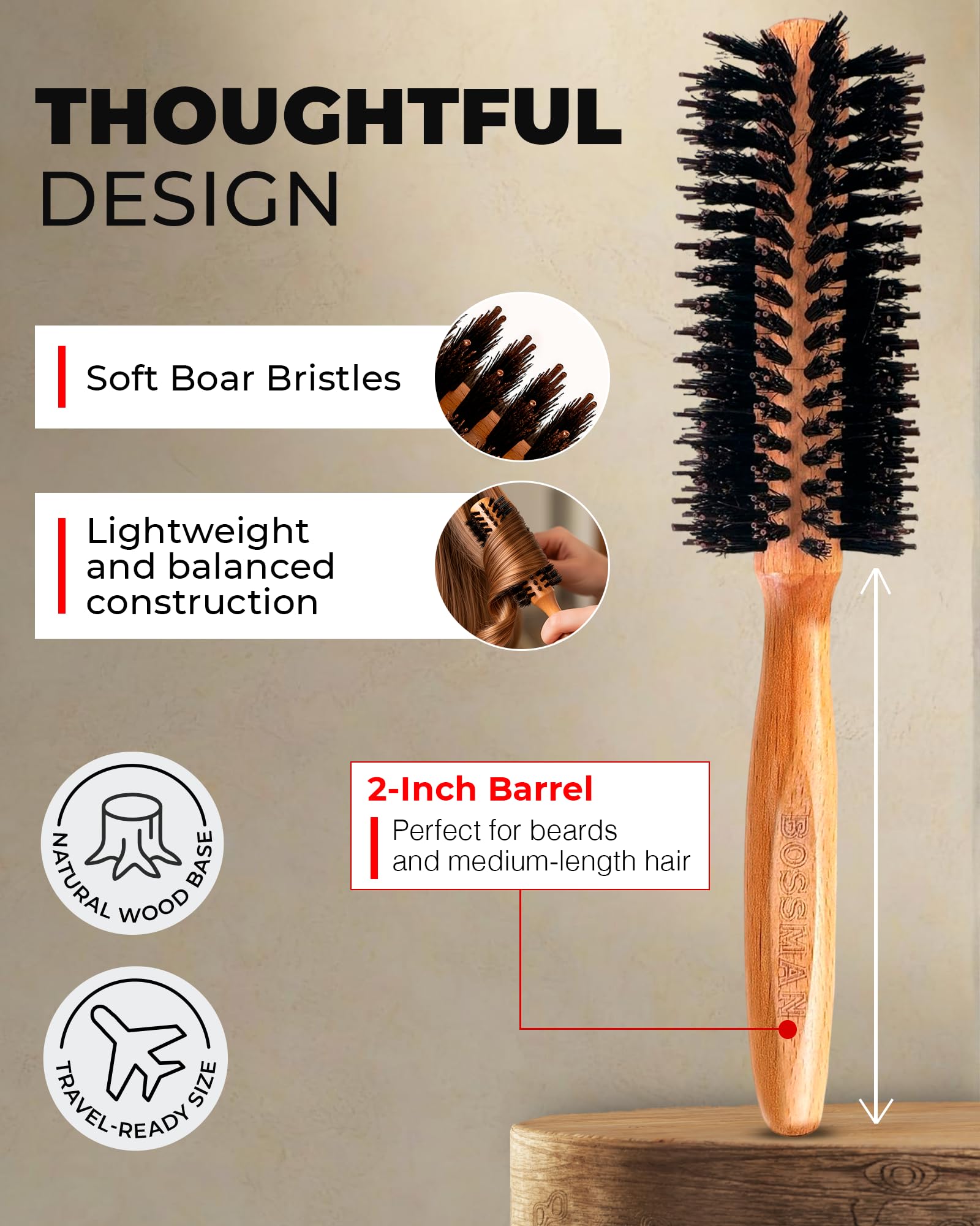 Bossman boar bristle distributes product evenly, reducing frizz and nourishing strands