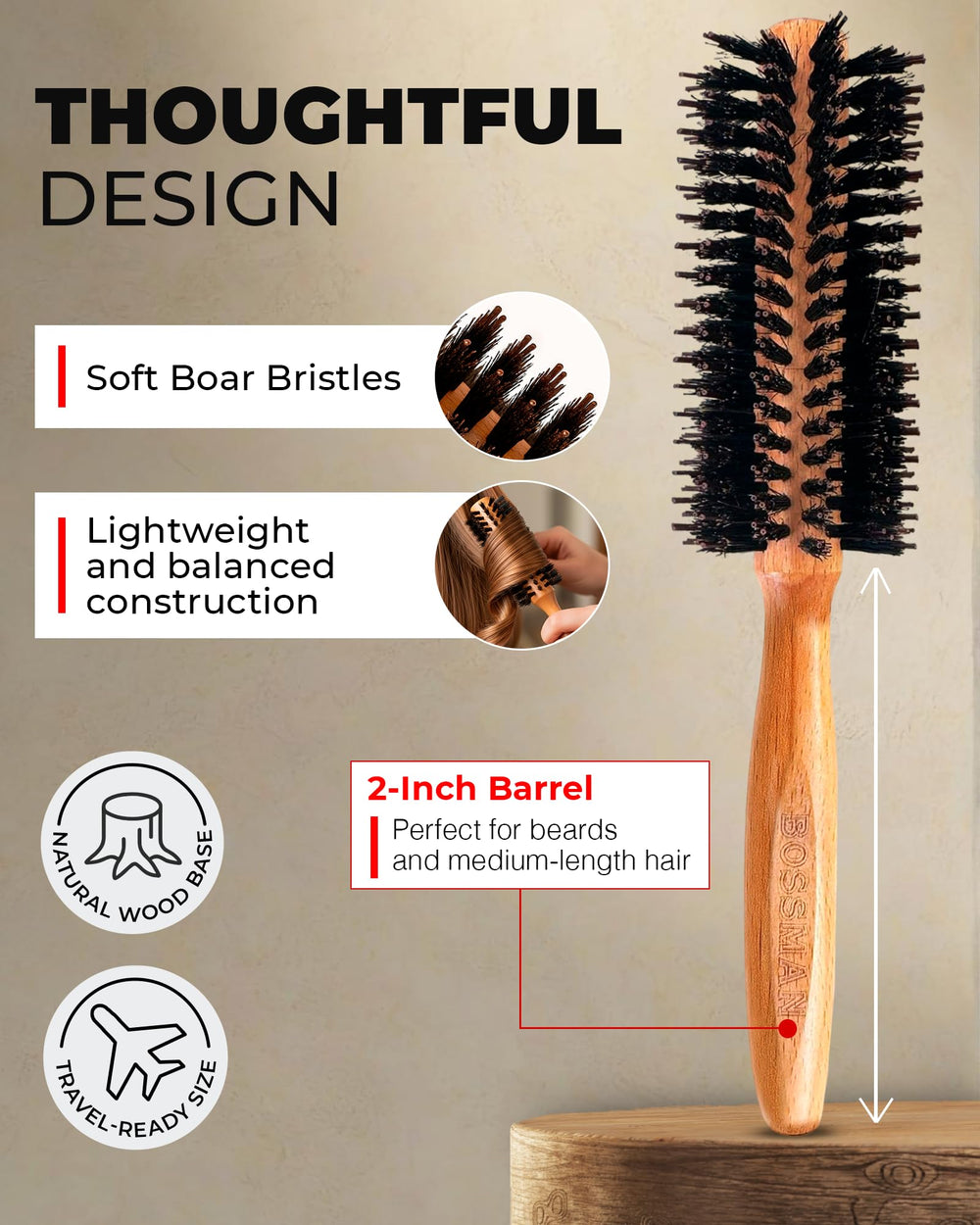 Bossman boar bristle distributes product evenly, reducing frizz and nourishing strands