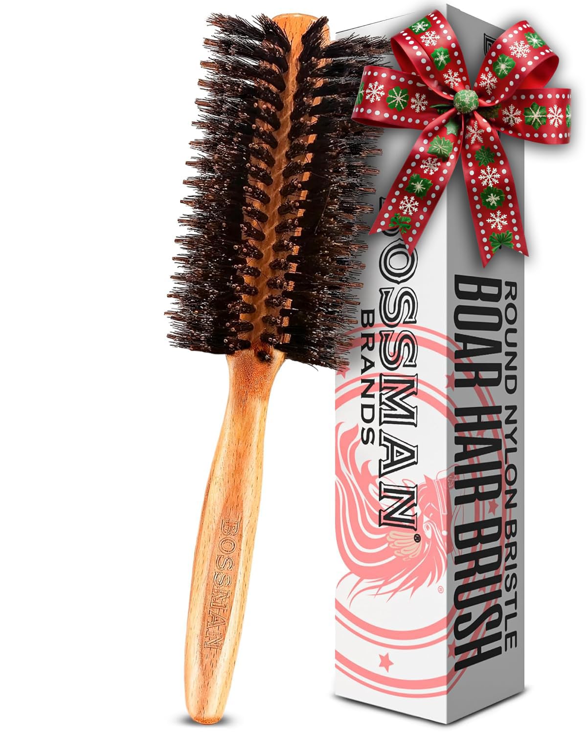 Bossman boar-nylon round brush beauty shot illustrates detangling with nylon bristles for smoother strands