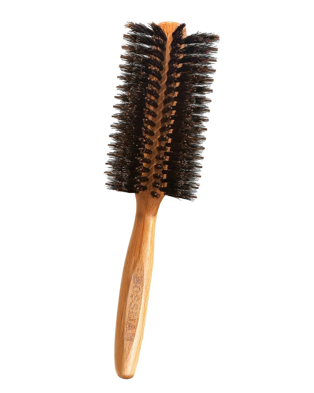 Bossman boar-nylon round brush beauty shot illustrates detangling with nylon bristles for smoother strands