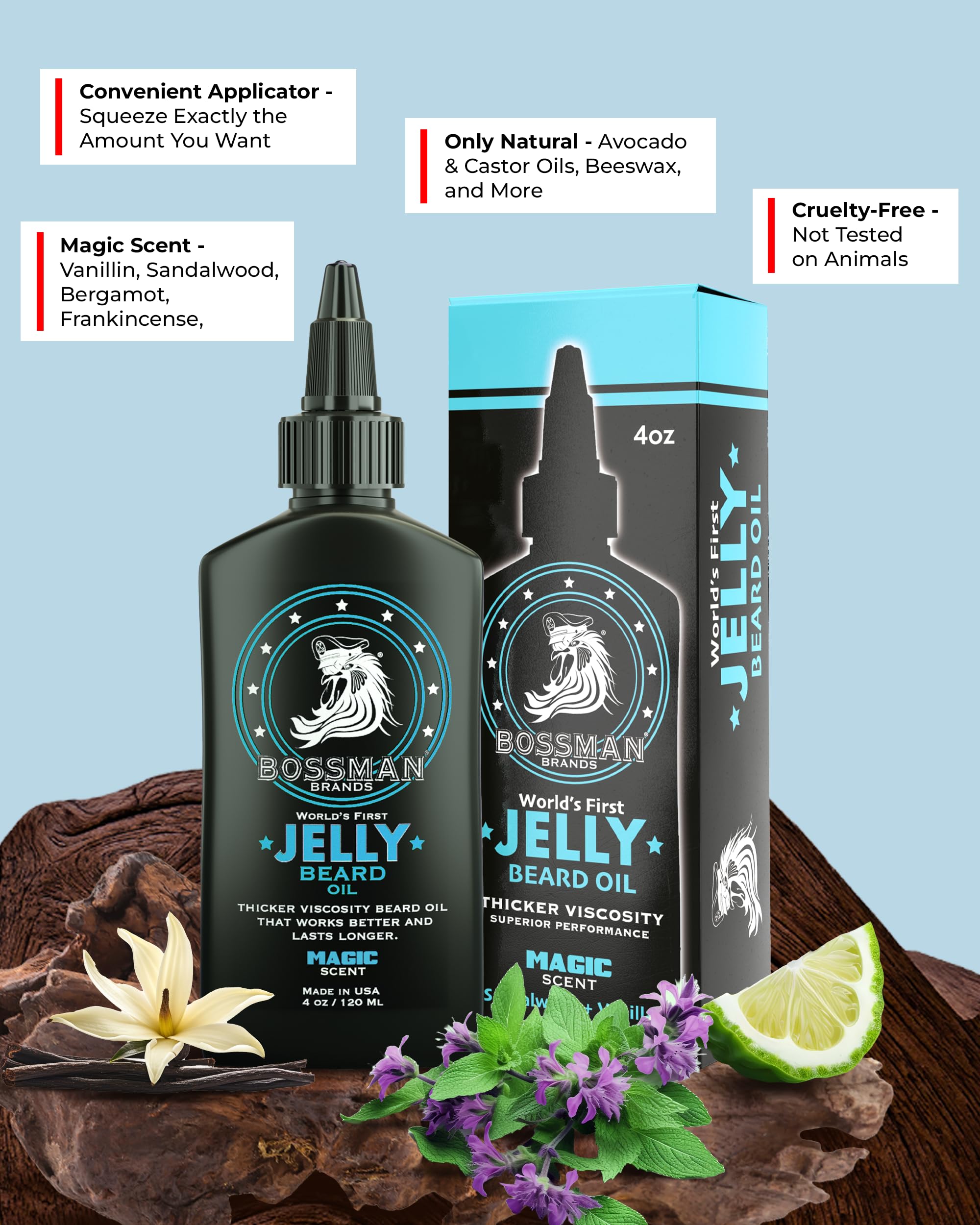 Bossman Jelly Beard Oil 4oz bottle displayed for longer-lasting grooming sessions.