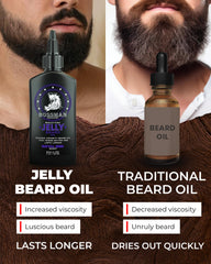 Bossman Jelly Beard Oil Royal Oud jar closeup highlights nourishing consistency for conditioning.