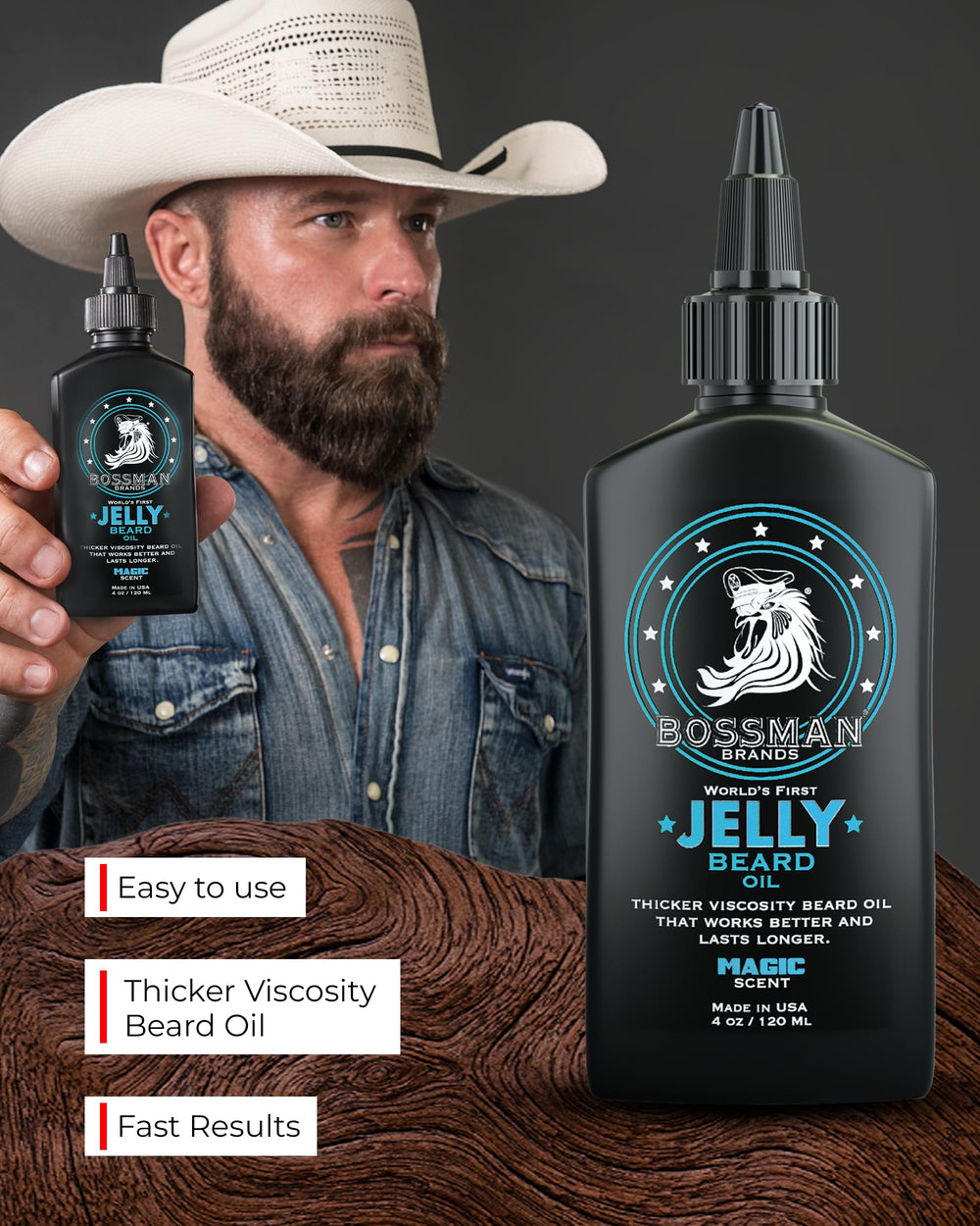 Bossman Jelly Beard Oil sandalwood-vanilla scent provides a warm, inviting aroma.