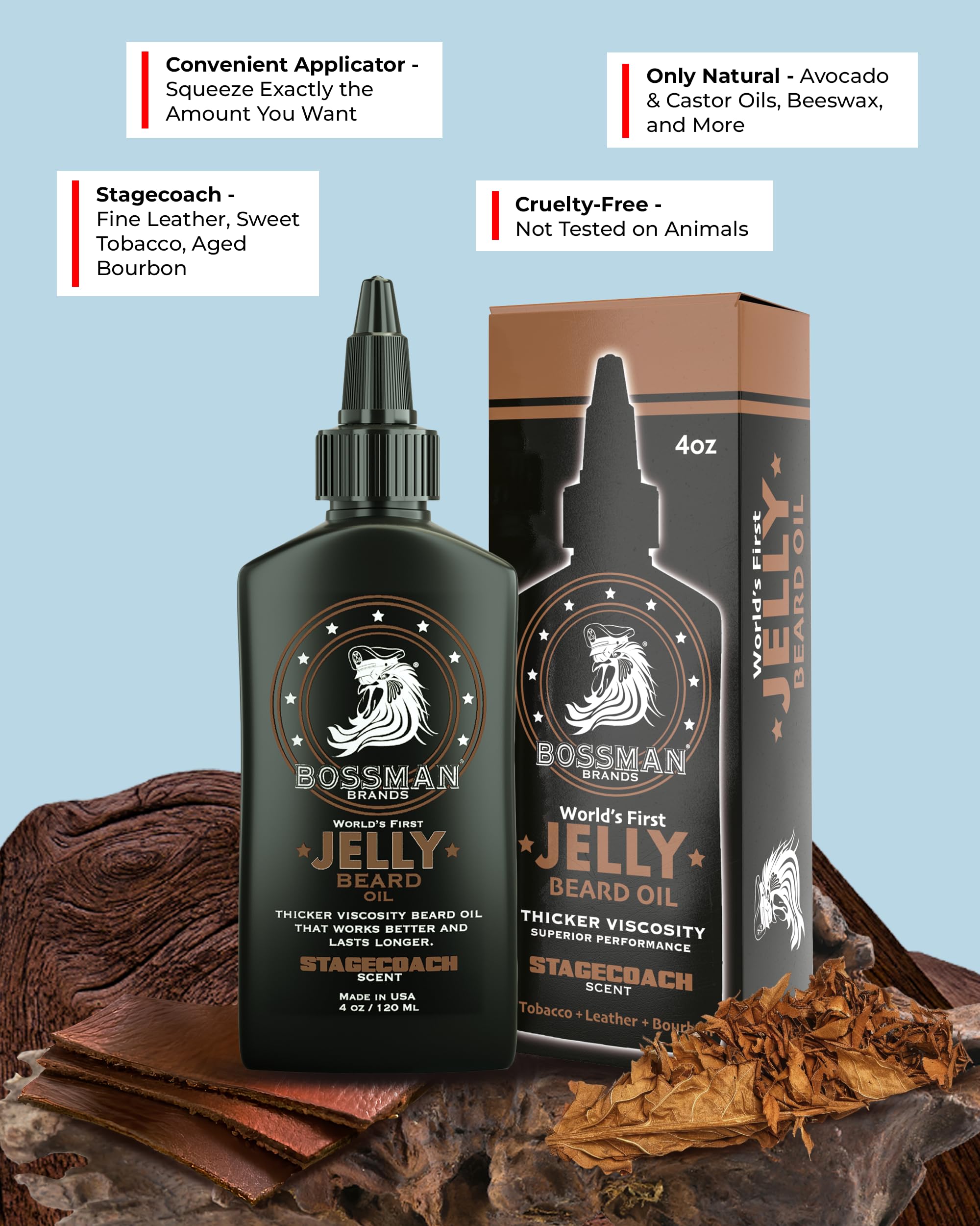 Bossman Jelly Beard Oil USA-made label signals quality and origin.