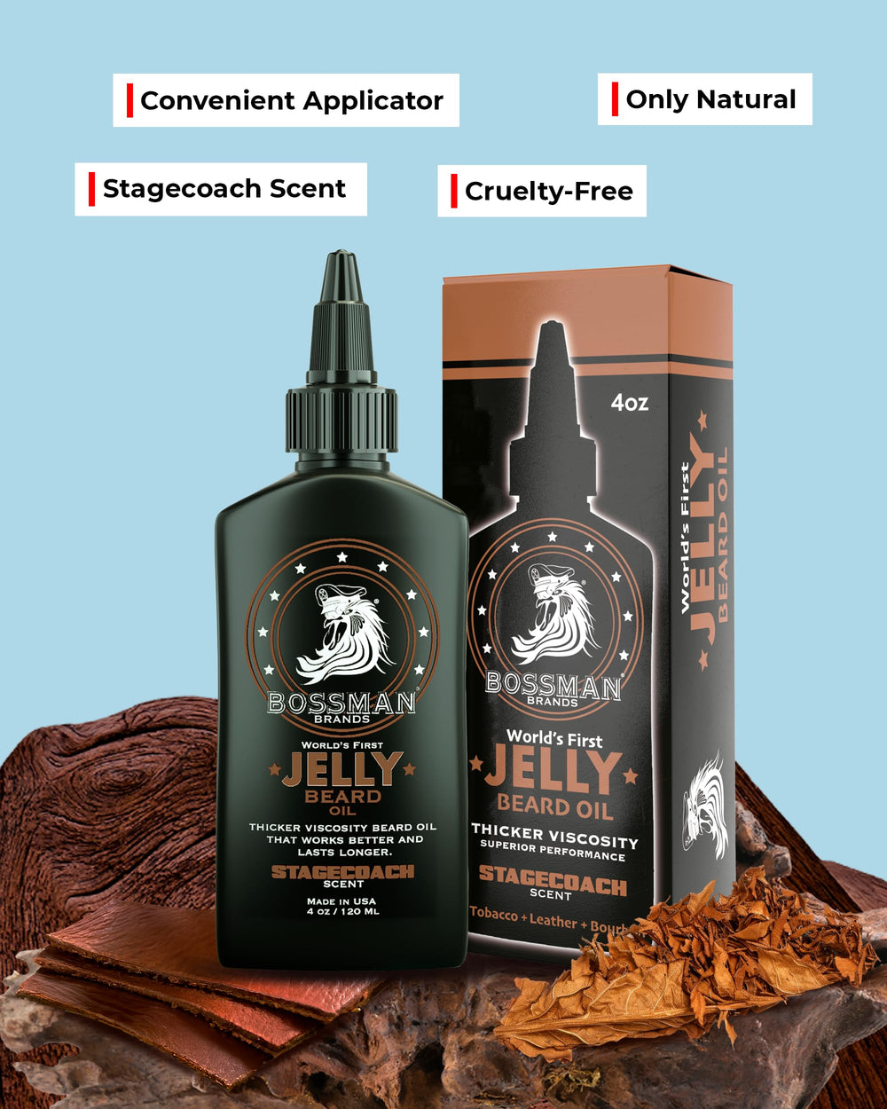 Bossman jelly texture close-up highlights moisture-locking formula for softer beard.