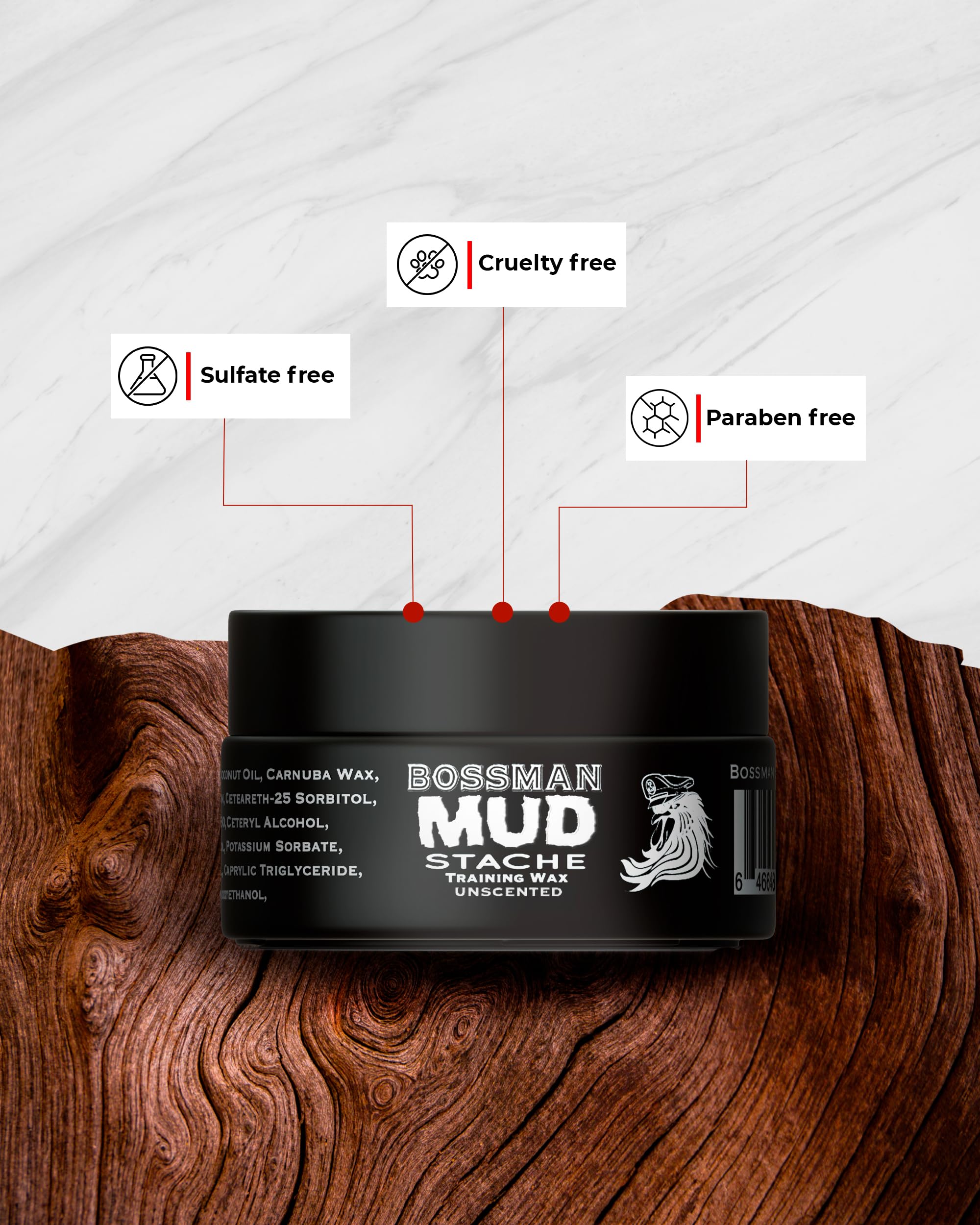 Bossman MUDstache matte-finish styling for a clean, natural look.