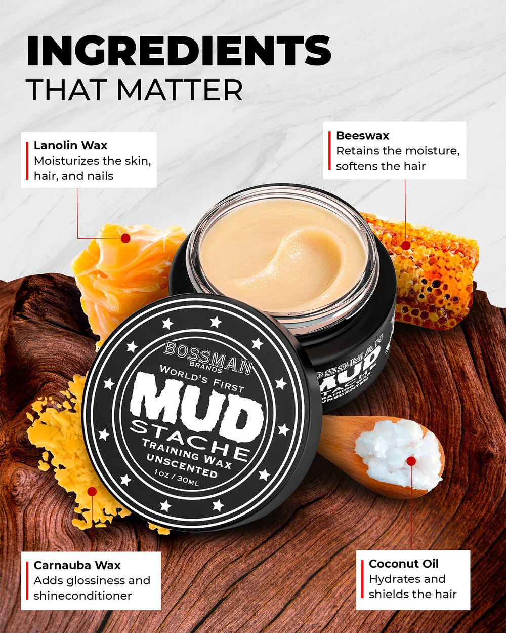 Bossman MUDstache strong-hold application demonstrates non-tacky hold for day-long shape.