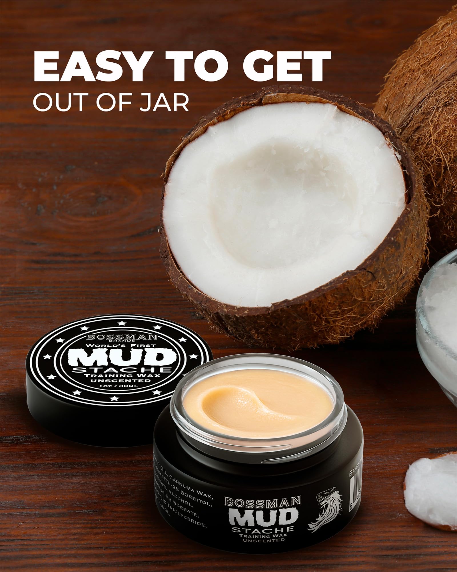 Bossman MUDstache unscented formula highlights fragrance-free usability.