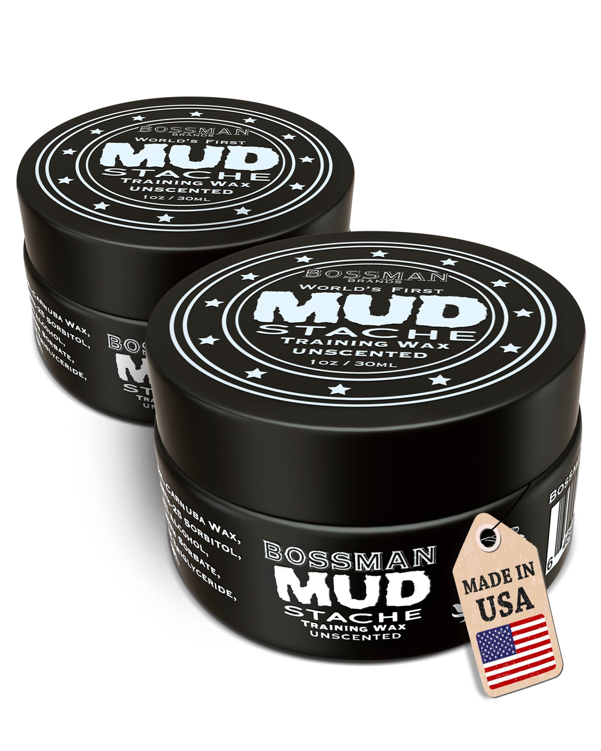 Bossman MUDstache wax tin close-up shows matte finish for controlled styling.