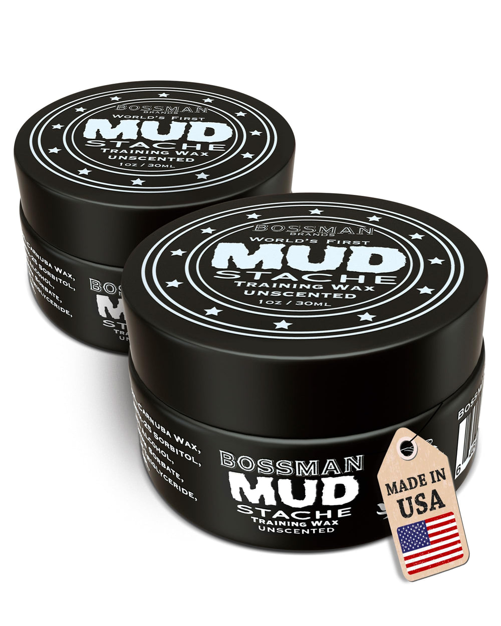 Bossman MUDstache wax tin close-up shows matte finish for controlled styling.