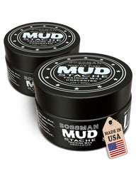 Bossman MUDstache wax tin close-up shows matte finish for controlled styling.