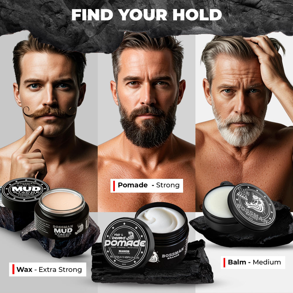 Bossman Naked Pomade beard-taming demonstrates frizz control for a neat, sculpted beard.