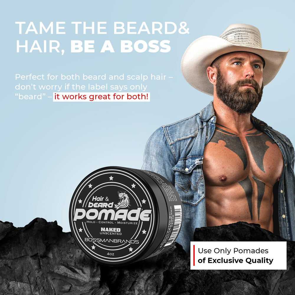 Bossman Naked Pomade daylong-hold demonstrates all-day control with moisturizer for hair and beard.