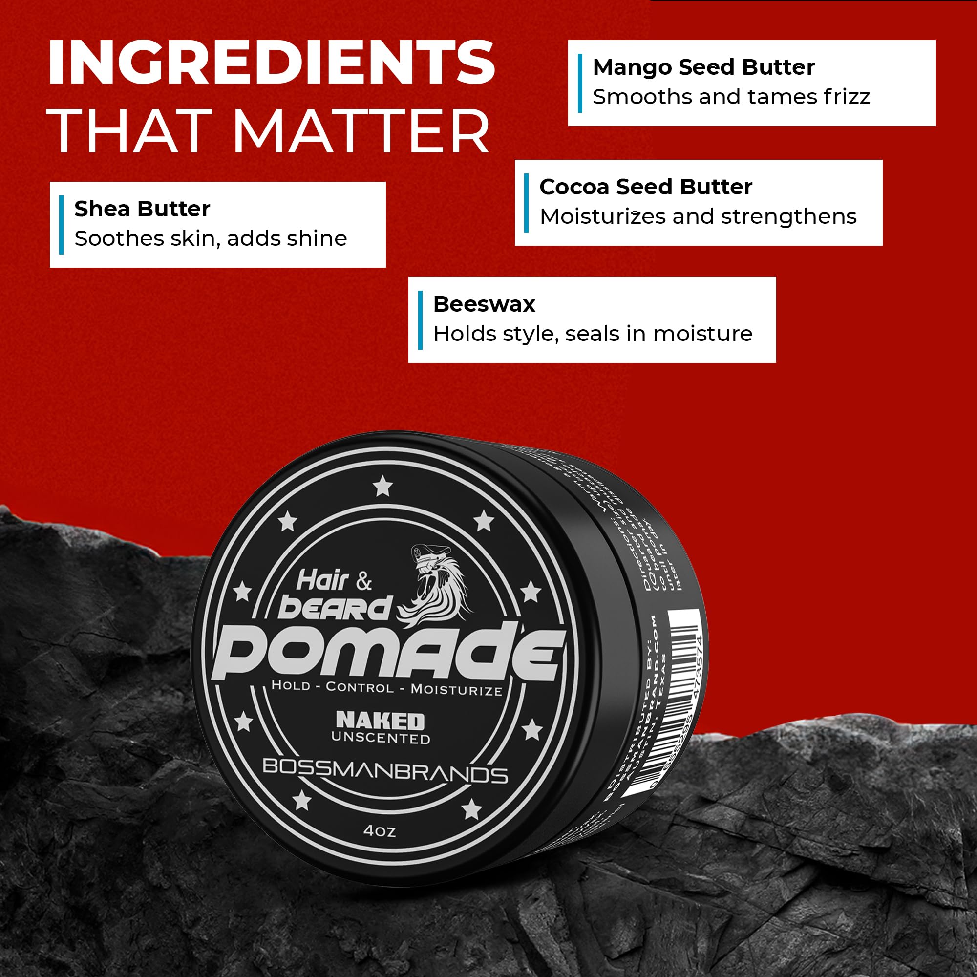 Bossman Naked Pomade usa-made product shot emphasizes American-made craftsmanship.