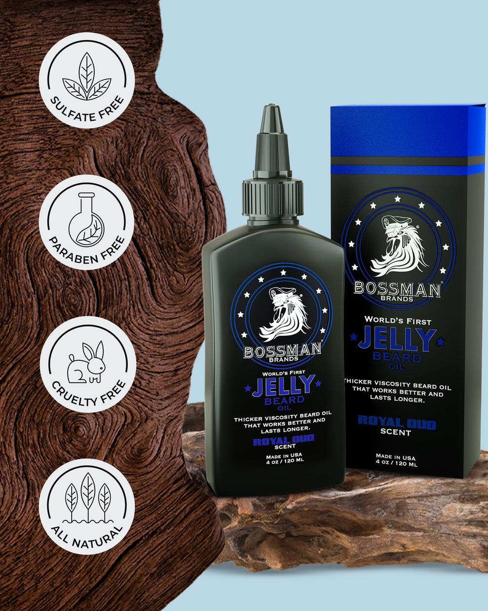 Bossman natural ingredients beard oil showcases beeswax, avocado, soybean for root hydration.