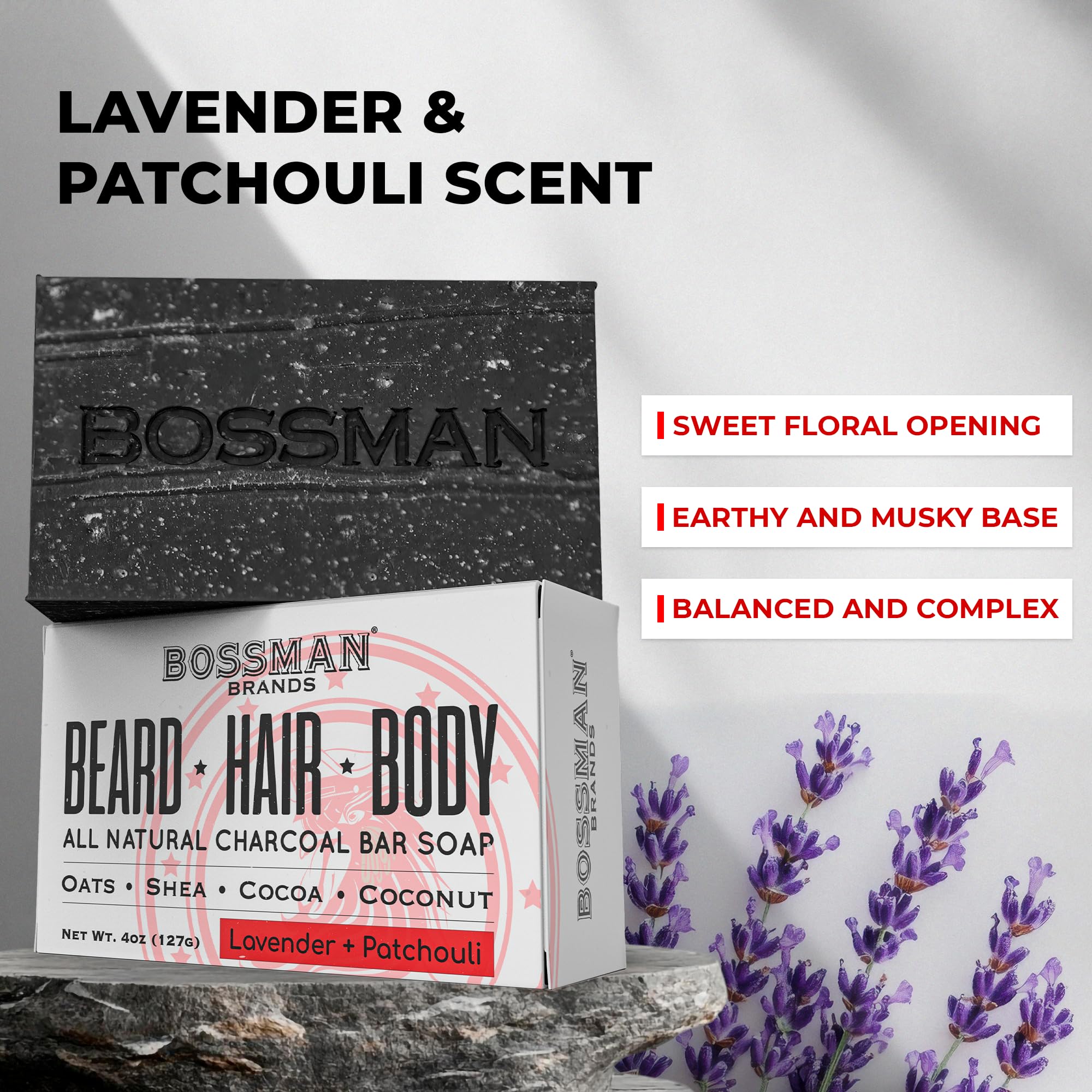 Bossman natural ingredients list close-up featuring coconut oil, cocoa powder and plantain leaf.