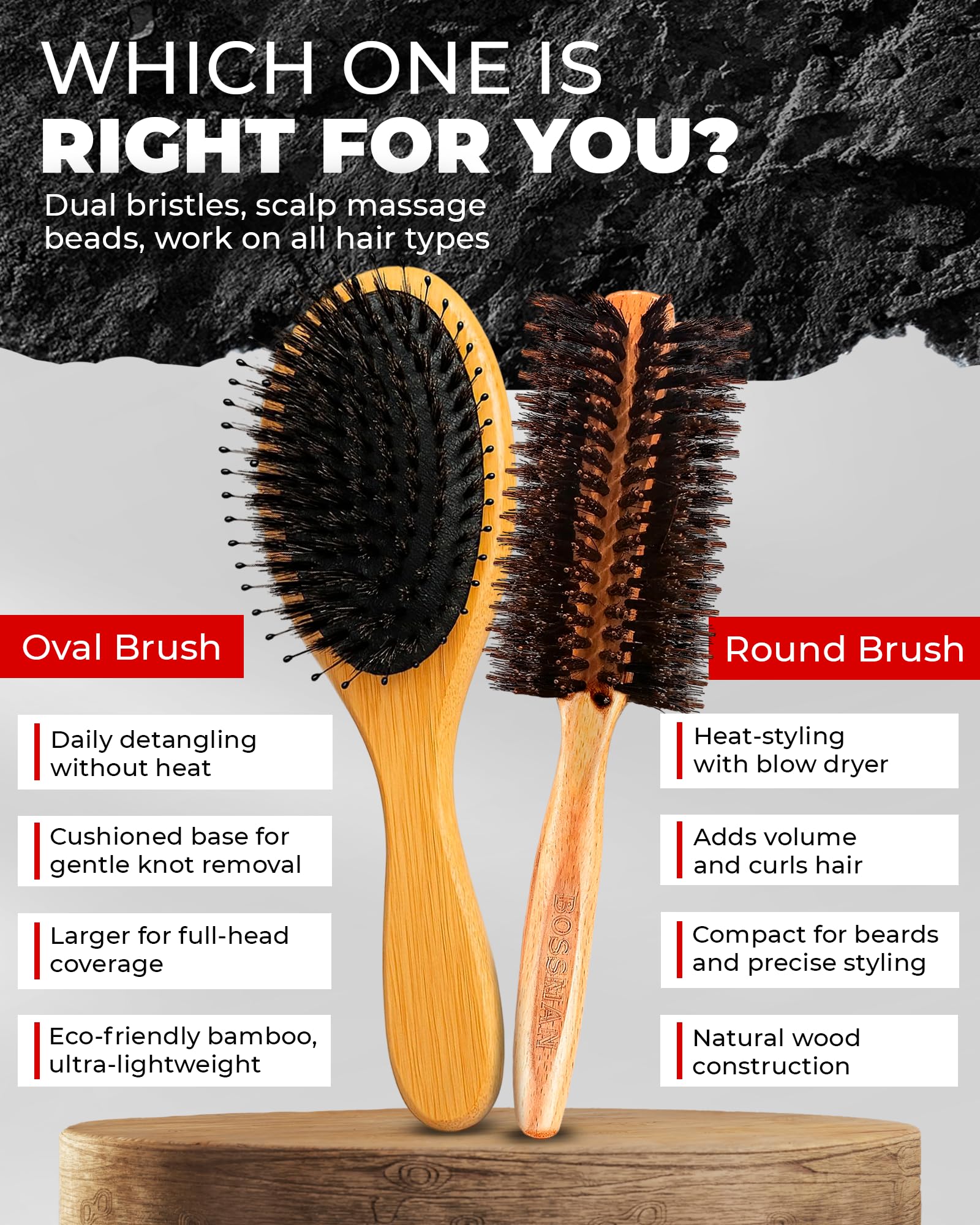 Bossman round brush supports beard and hair care with gentle detangling and even product distribution