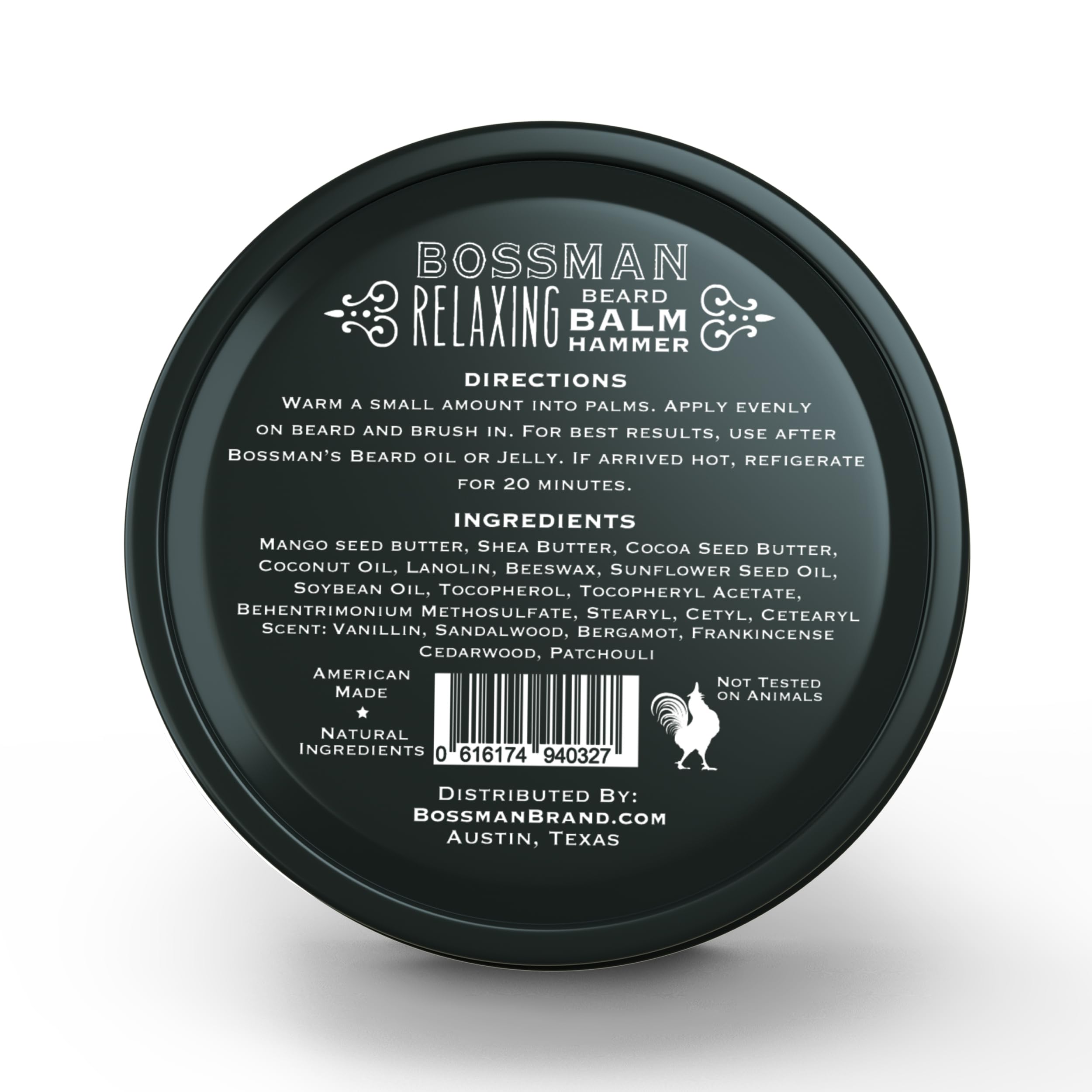 Bossman Relaxing Beard Balm before-after montage suggests smoother, thicker-looking beard.