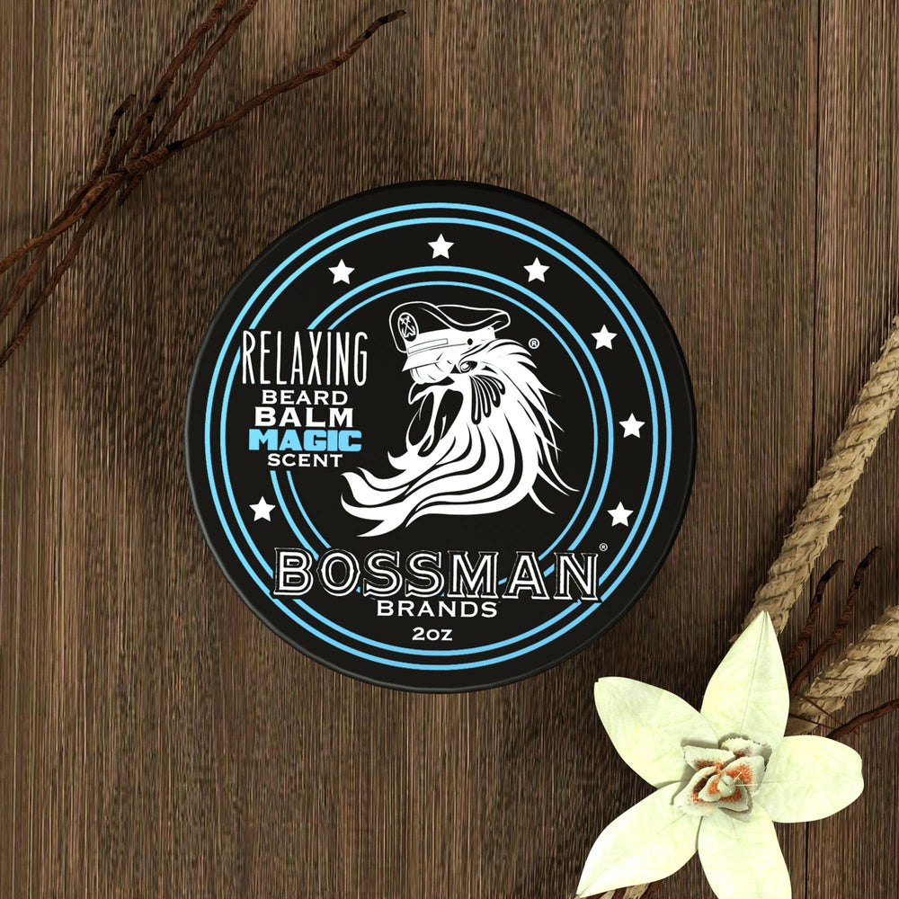 Bossman Relaxing Beard Balm texture closeup highlights balm consistency for easy application.