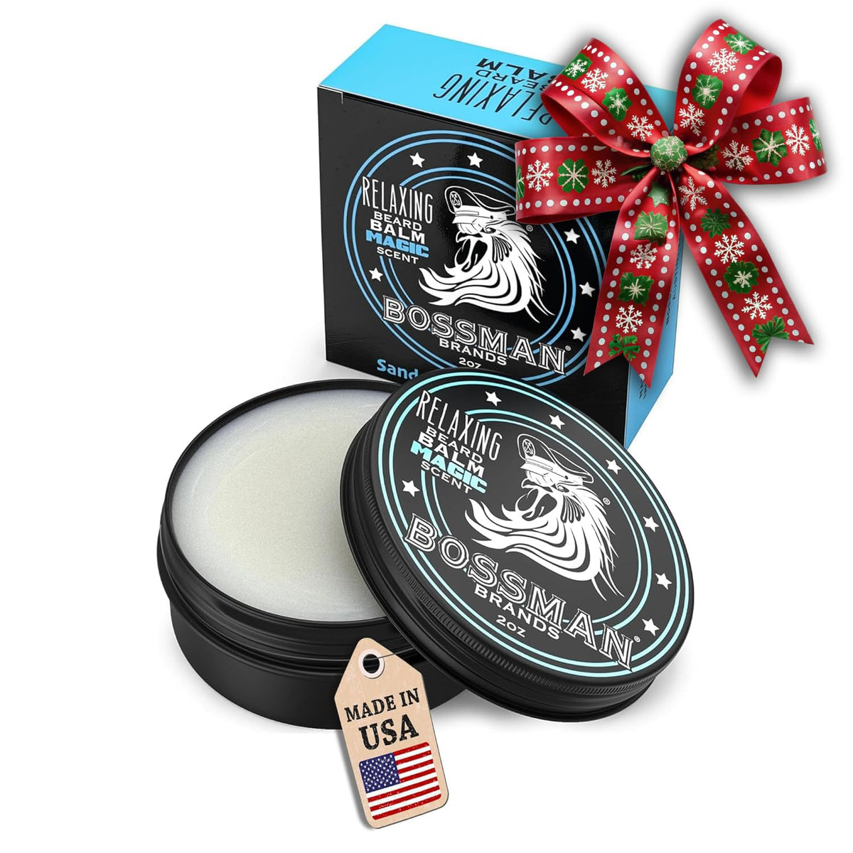 Bossman Relaxing Beard Balm jar closeup reveals smooth texture for softer beard care.