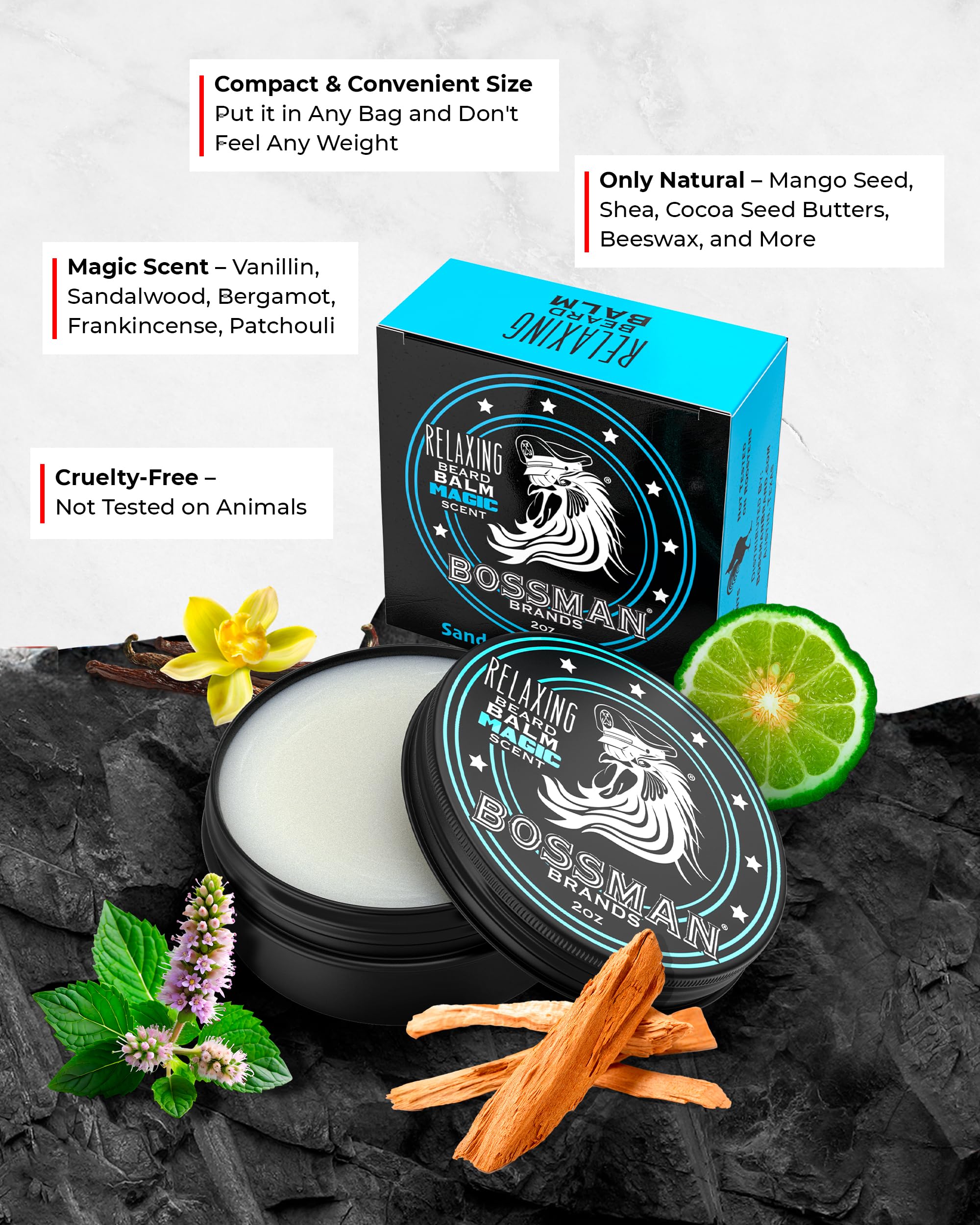 Bossman Relaxing Beard Balm packaging with USA-made label communicates quality and cruelty-free ethics.