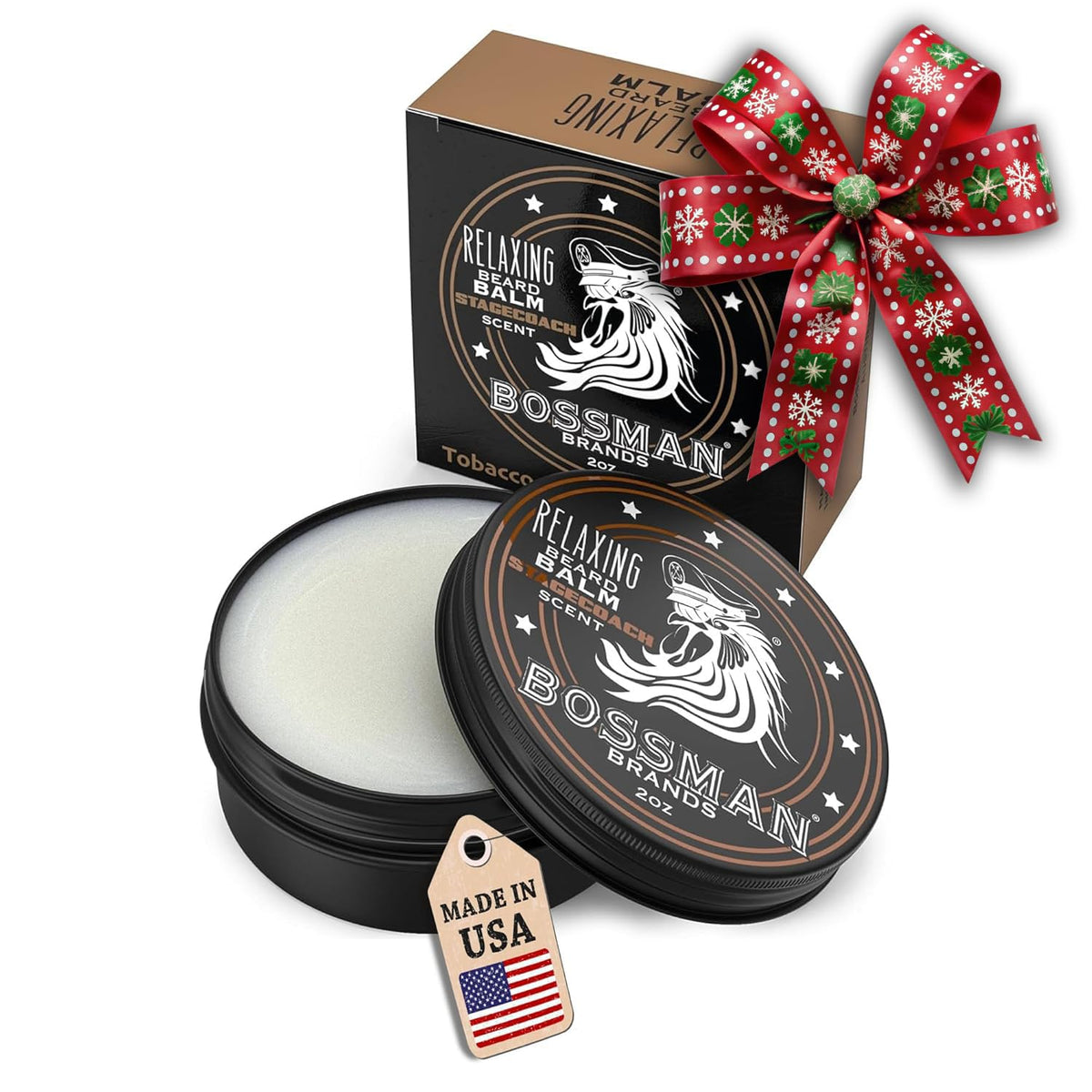 Bossman Relaxing Beard Balm Stagecoach bottle illustrates calming, conditioning beard care.