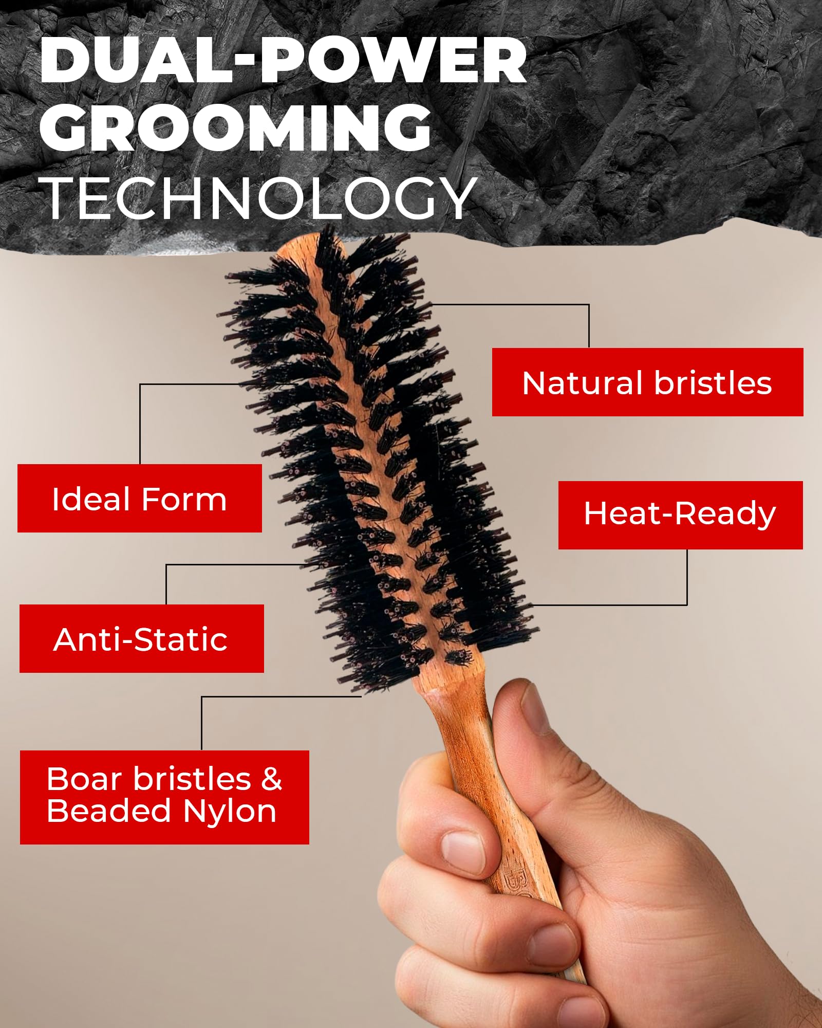 Bossman round brush detangling action shows how it glides through hair during blow-drying for rapid styling