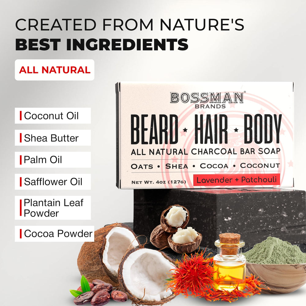 Bossman shampoo/body wash bar in hand showing nourishing coconut oil and shea butter benefits.