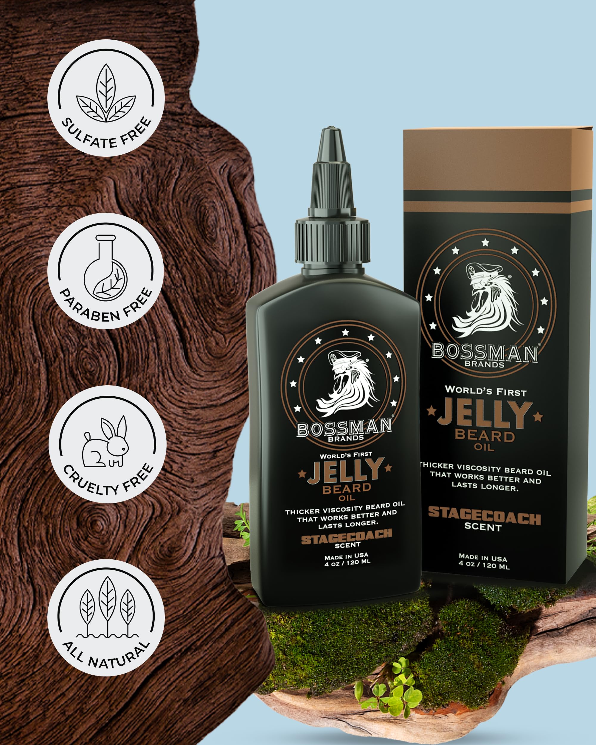 Bossman beard oil with Stagecoach scent evokes rugged refinement.