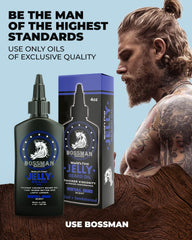 Bossman jelly texture application demonstrates thicker formula for easier beard moisture locking.