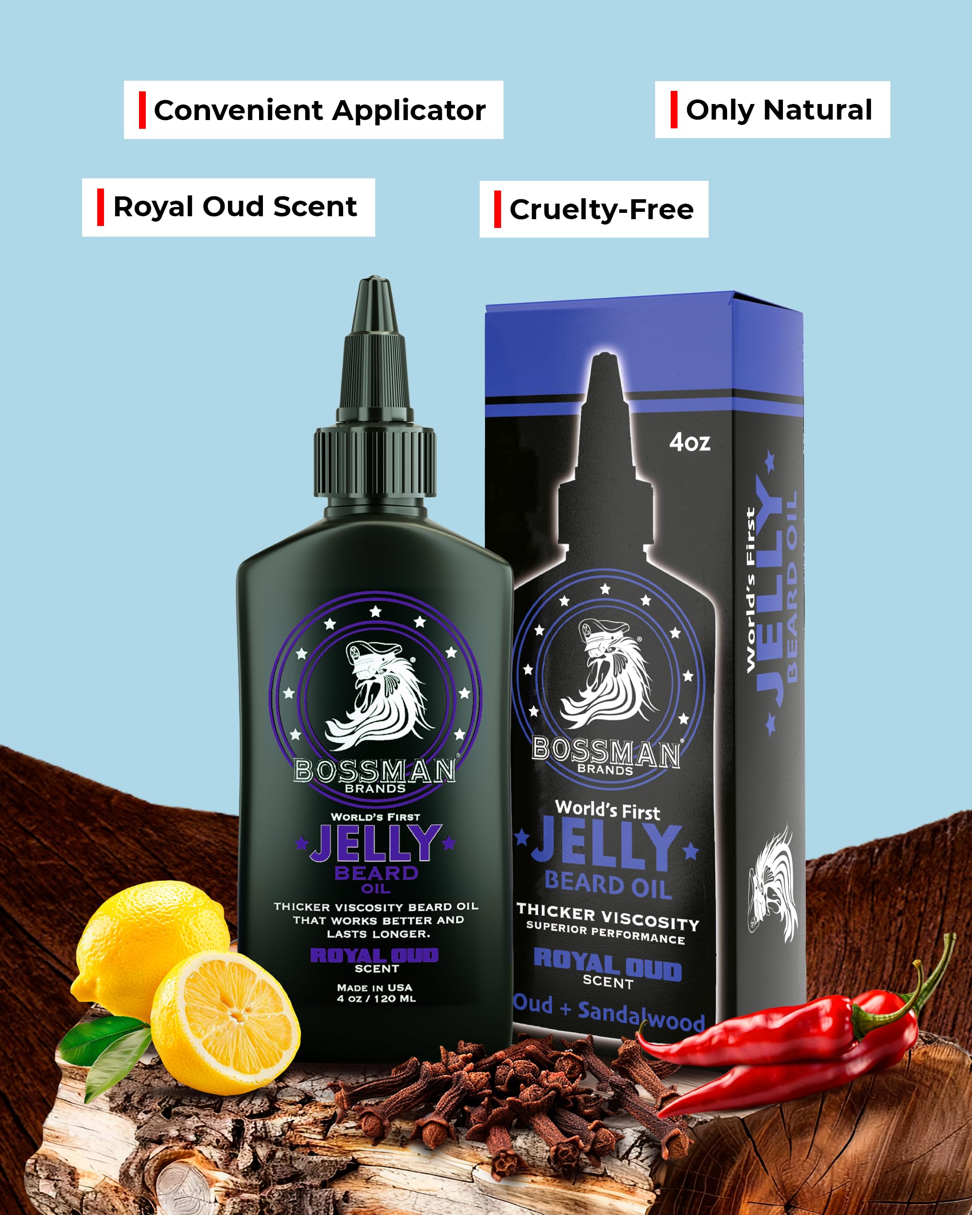 Bossman US-made beard oil 4oz image conveys USA-made quality and extended-use value.