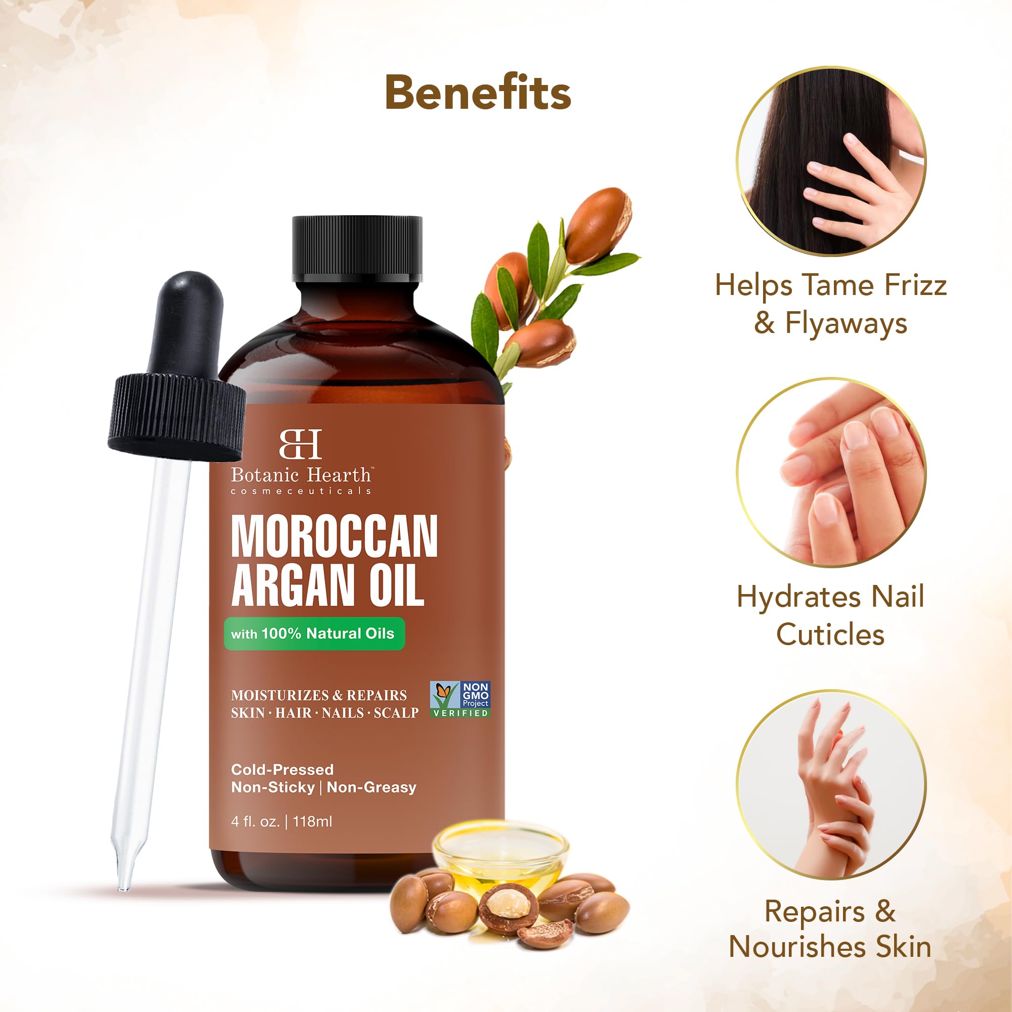 Botanic Hearth Argan Hair Oil label closeup emphasizes non-GMO verification.