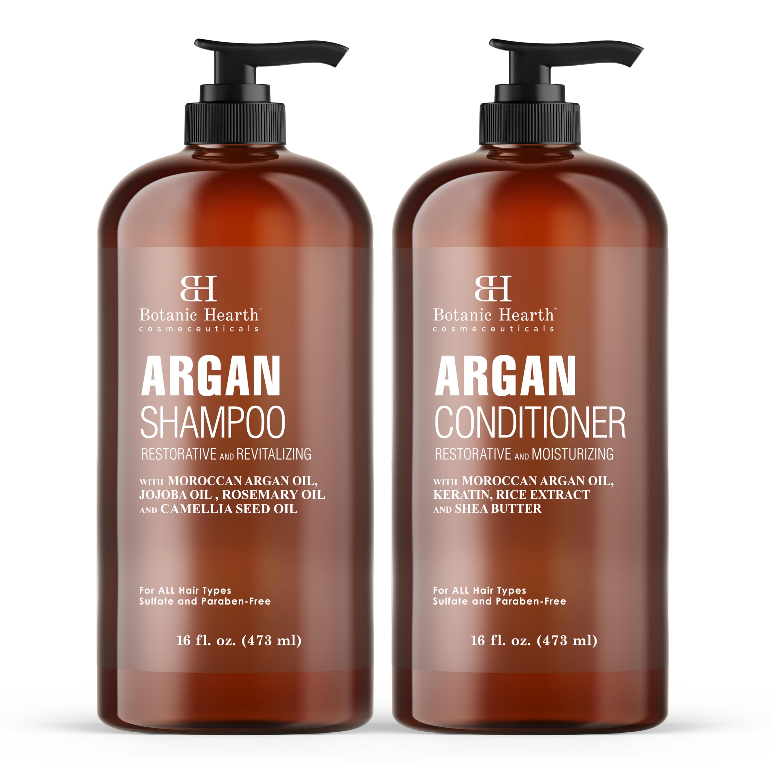 Botanic Hearth Argan Oil Shampoo bottle closeup highlighting sulfate-free cleansing for all hair types