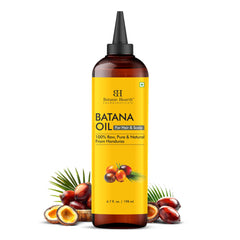 Botanic Hearth Batana Oil bottle closeup highlighting pure, natural nourishment for hair and scalp.