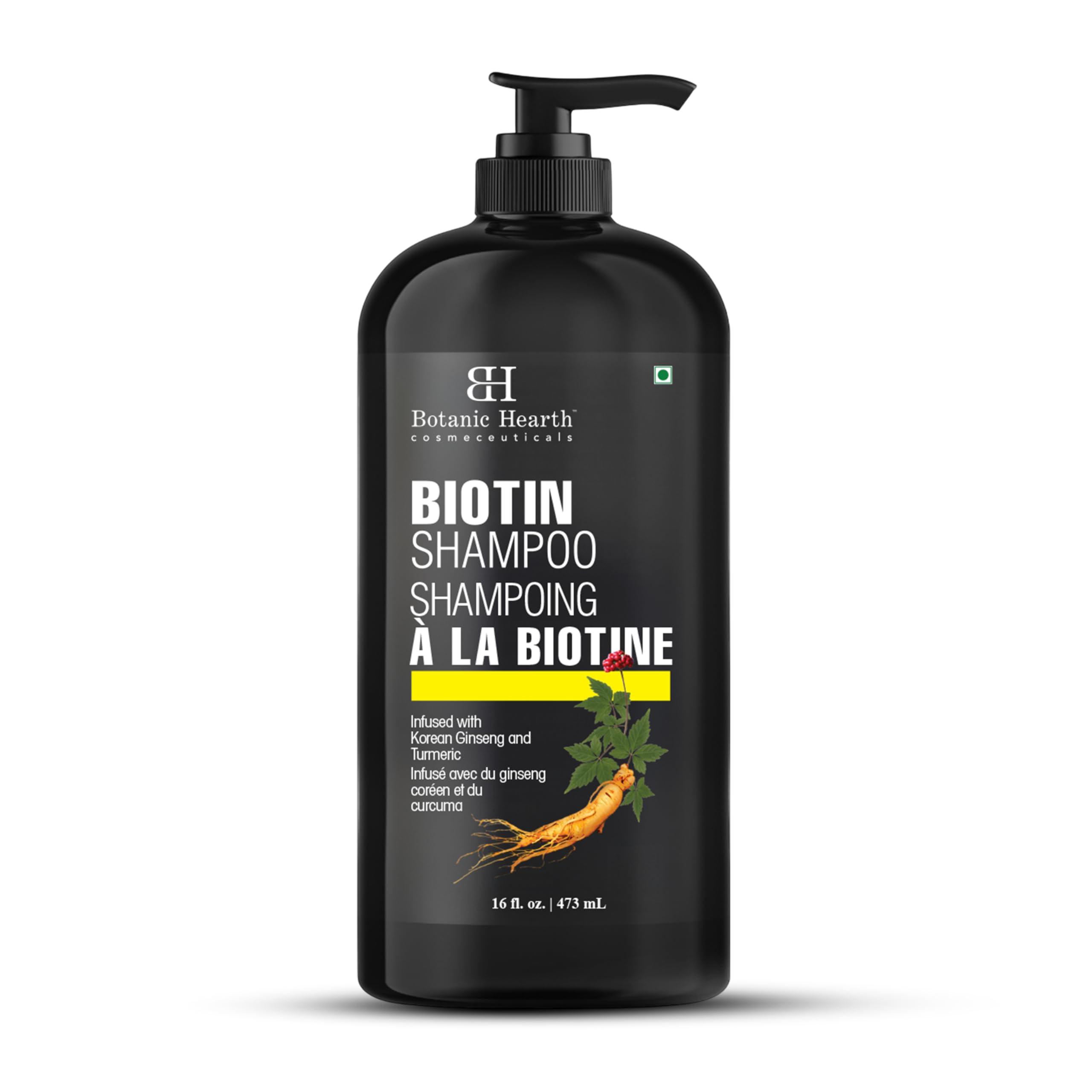 Botanic Hearth Biotin Shampoo bottle pour demonstrates sulfate-free cleansing for daily care