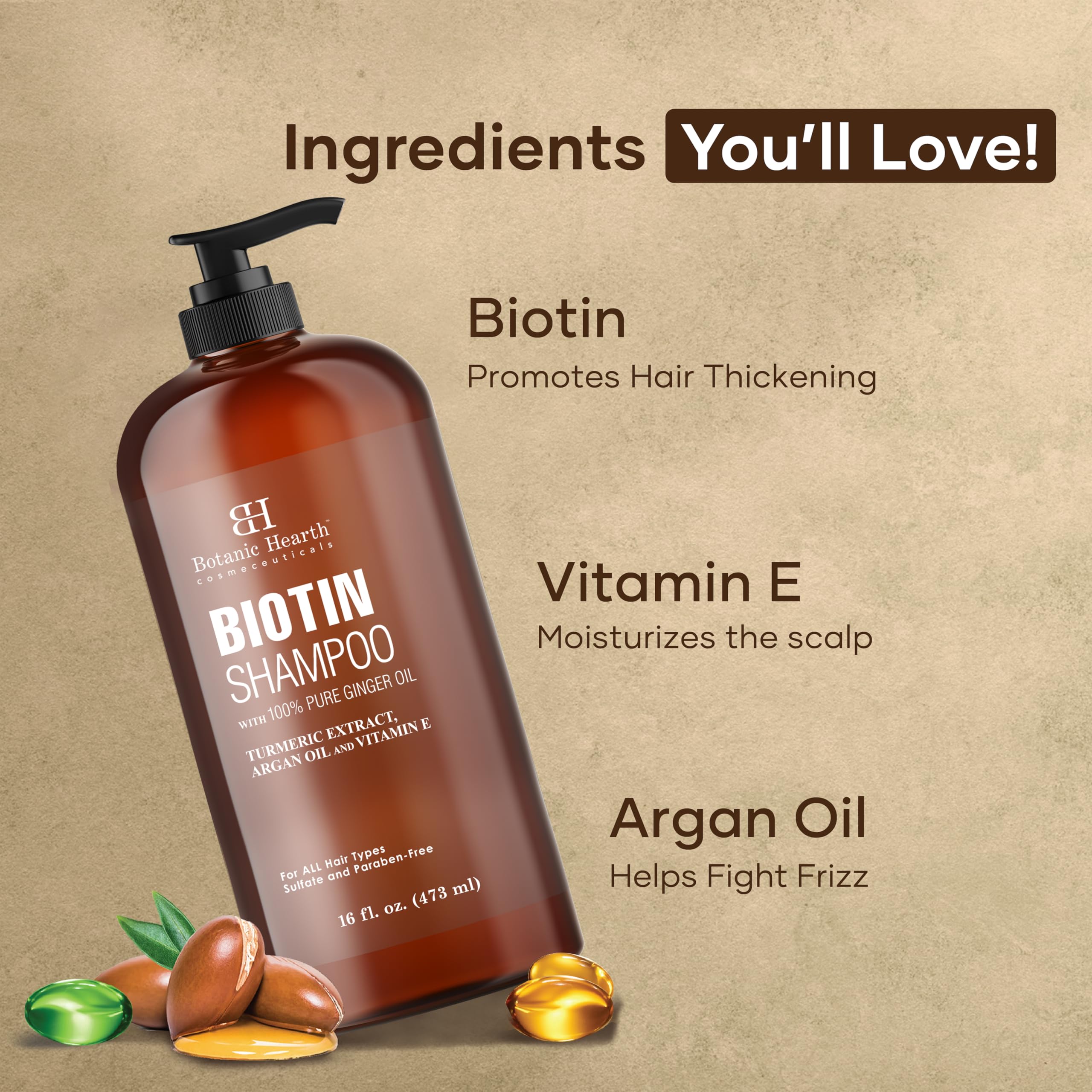 Botanic Hearth Biotin Shampoo turmeric-extract jar signals antioxidant scalp care and soothing balance