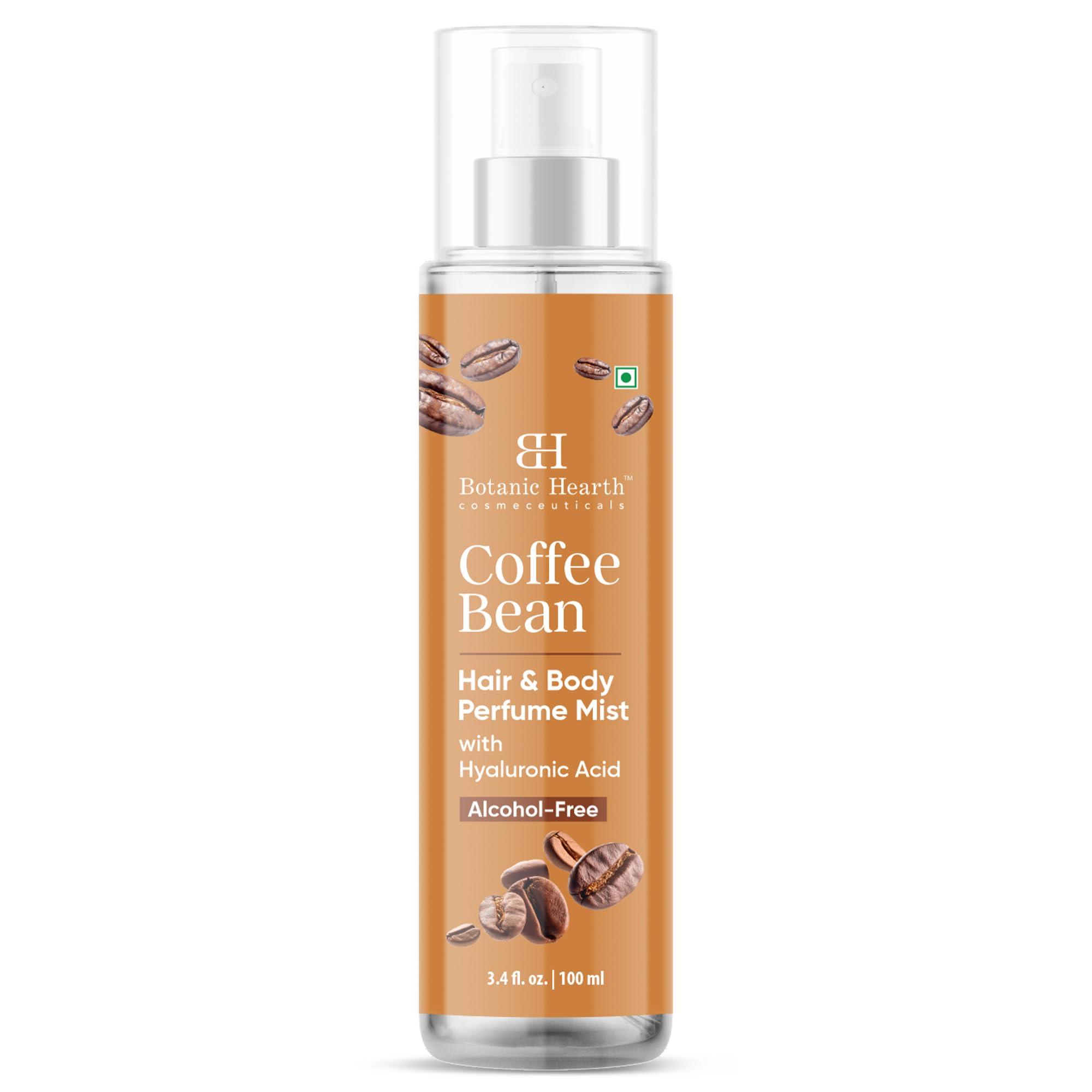 Close-up of Botanic Hearth Coffee Hair Mist releasing a fine spray for subtle aroma.