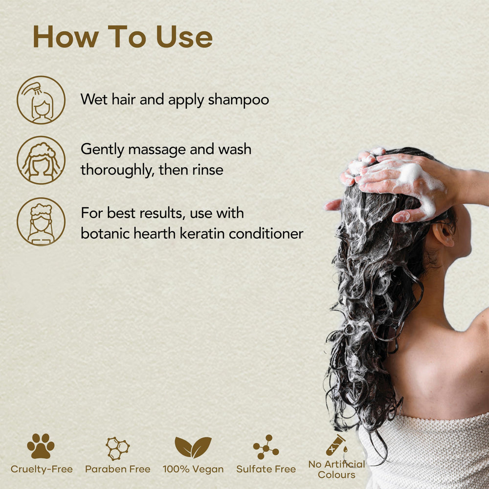 Botanic Hearth Keratin Shampoo sulfate-free badge indicating gentle daily use