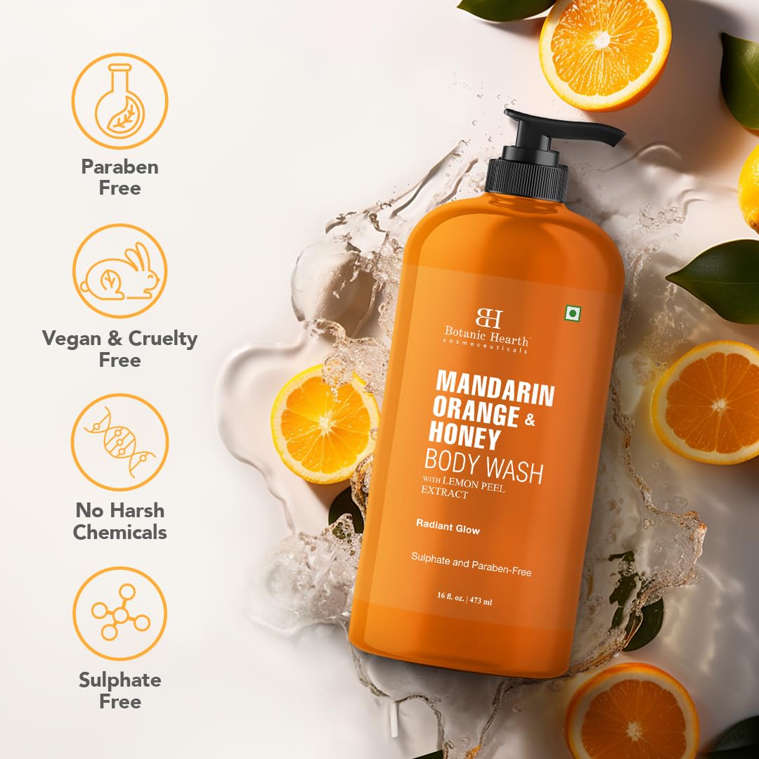 Botanic Hearth Mandarin Orange & Honey Body Wash flat lay showcases fresh ingredients