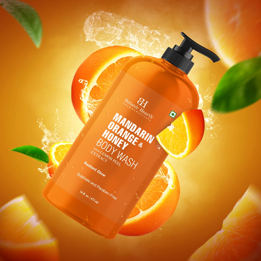 Botanic Hearth Mandarin Orange & Honey Body Wash packaging highlights clean formula