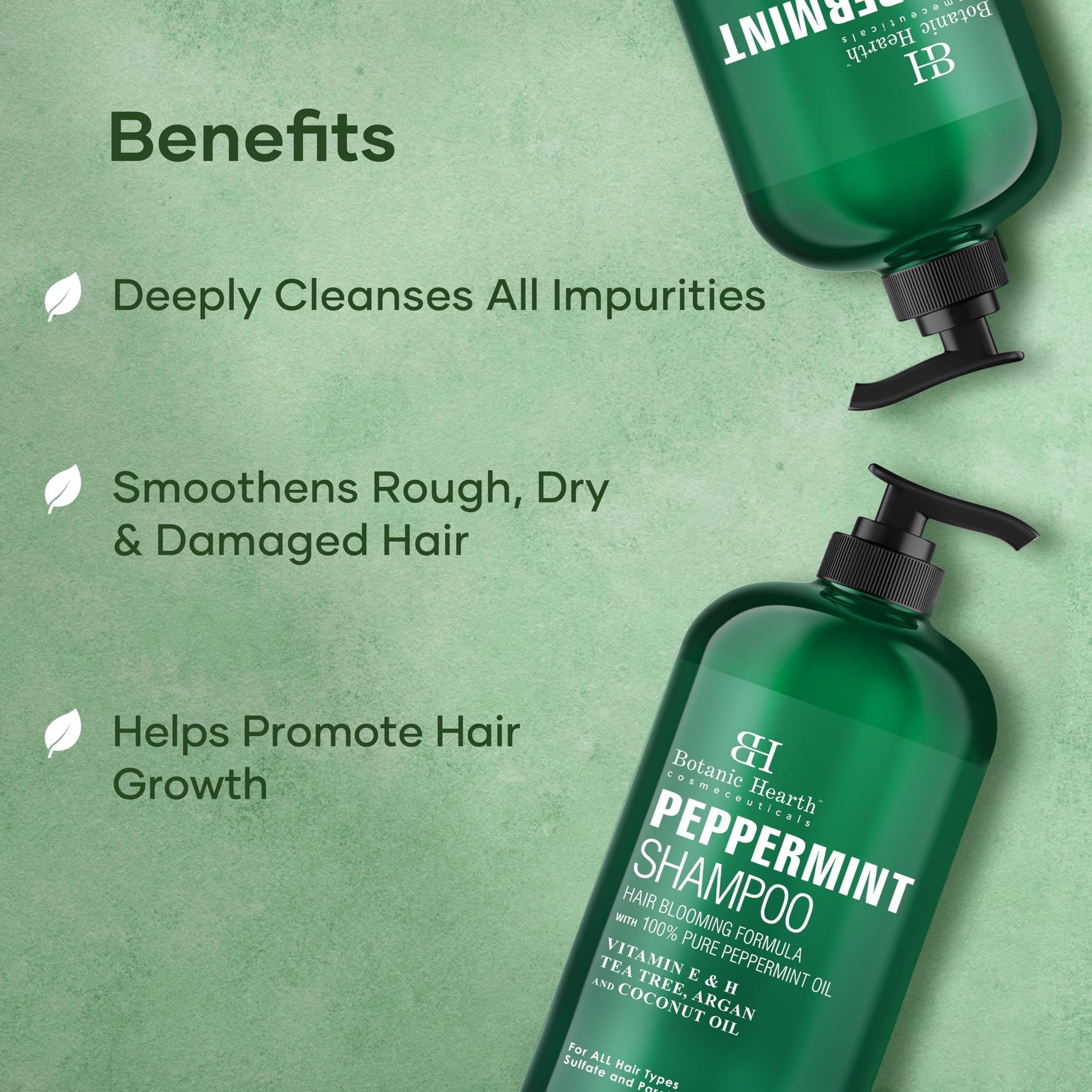 Botanic Hearth Peppermint Oil Shampoo bottle emphasizes keratin for stronger-feeling strands