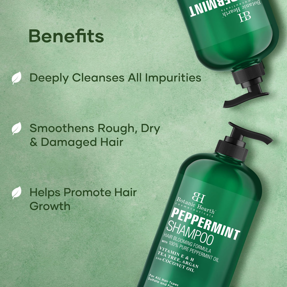Botanic Hearth Peppermint Oil Shampoo bottle emphasizes keratin for stronger-feeling strands