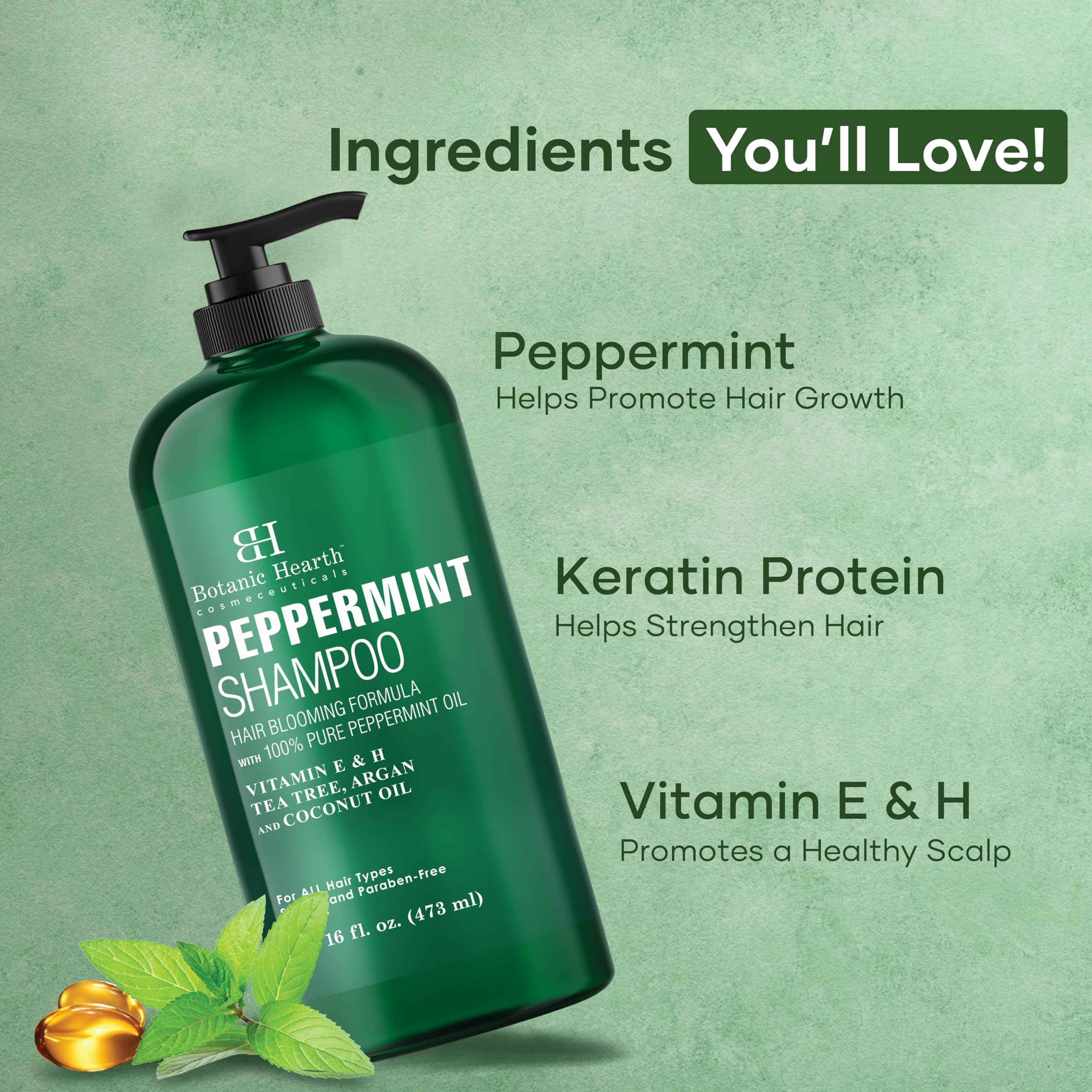 Botanic Hearth Peppermint Oil Shampoo bottle highlighting scalp massage moment for soothing sensations