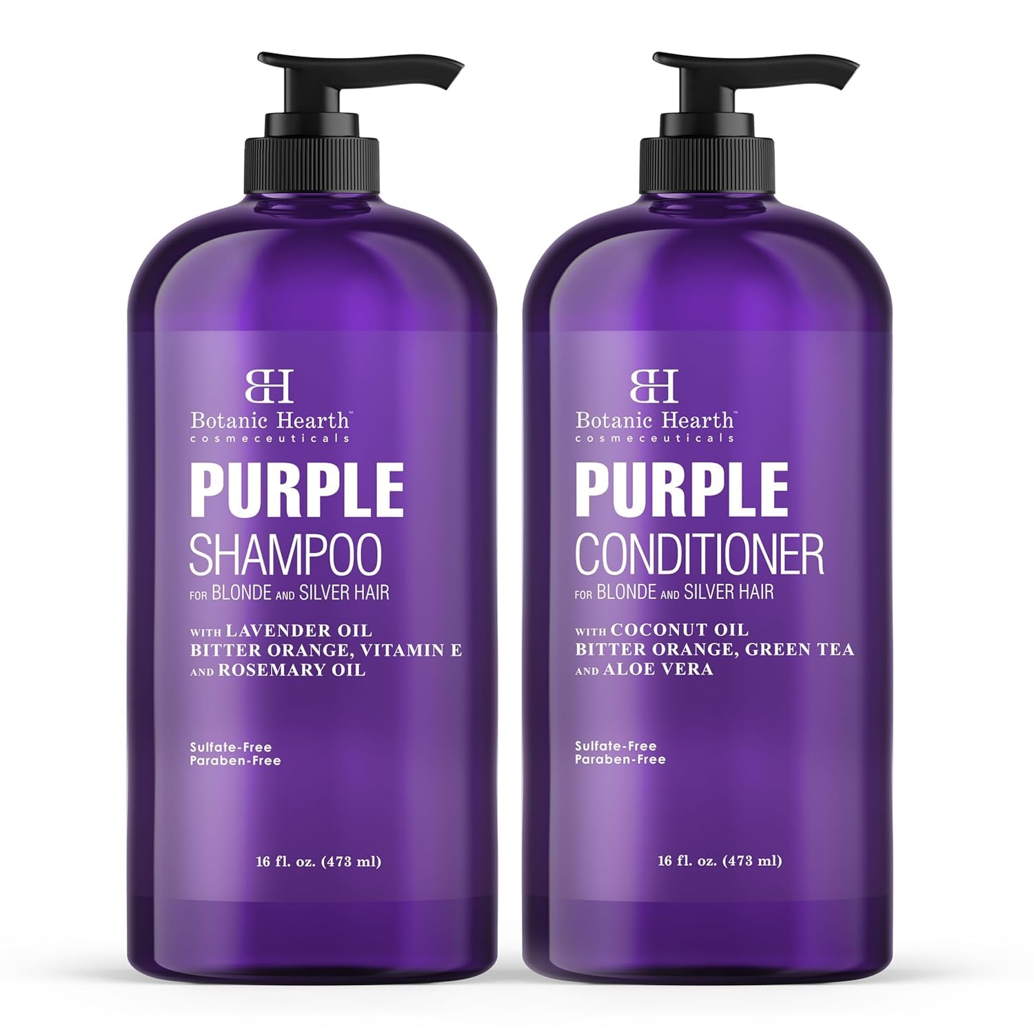 Botanic Hearth Purple Shampoo bottle shows vibrant blonde tones and color balance.