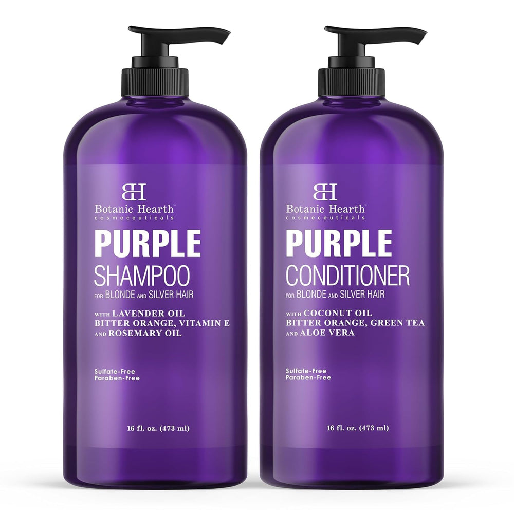 Botanic Hearth Purple Shampoo bottle shows vibrant blonde tones and color balance.