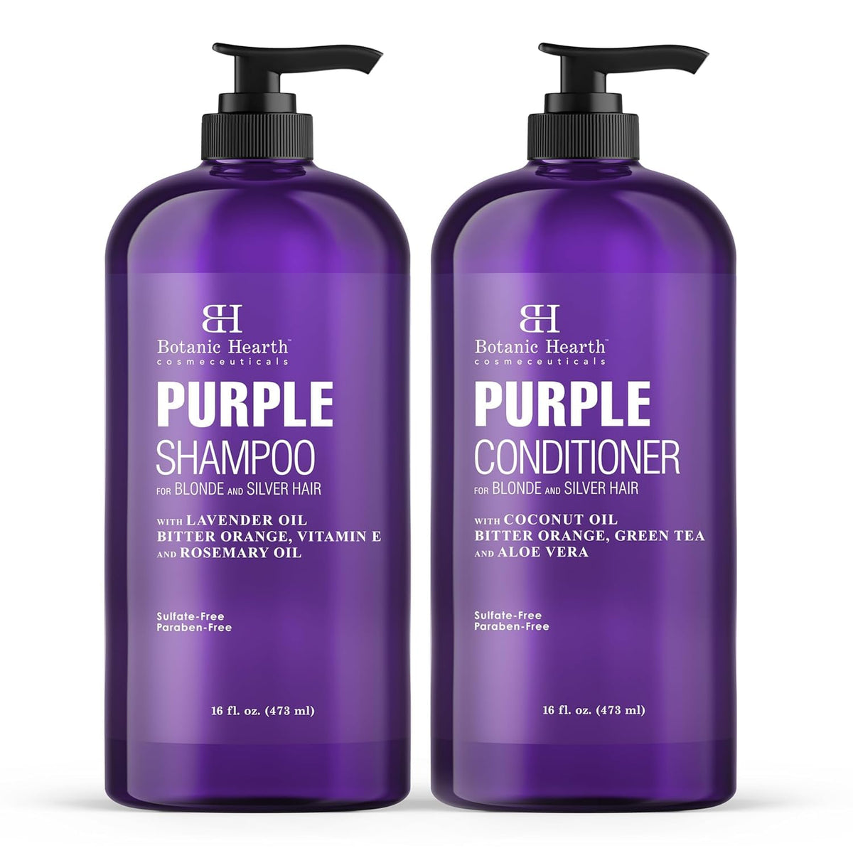 Botanic Hearth Purple Shampoo bottle shows vibrant blonde tones and color balance.